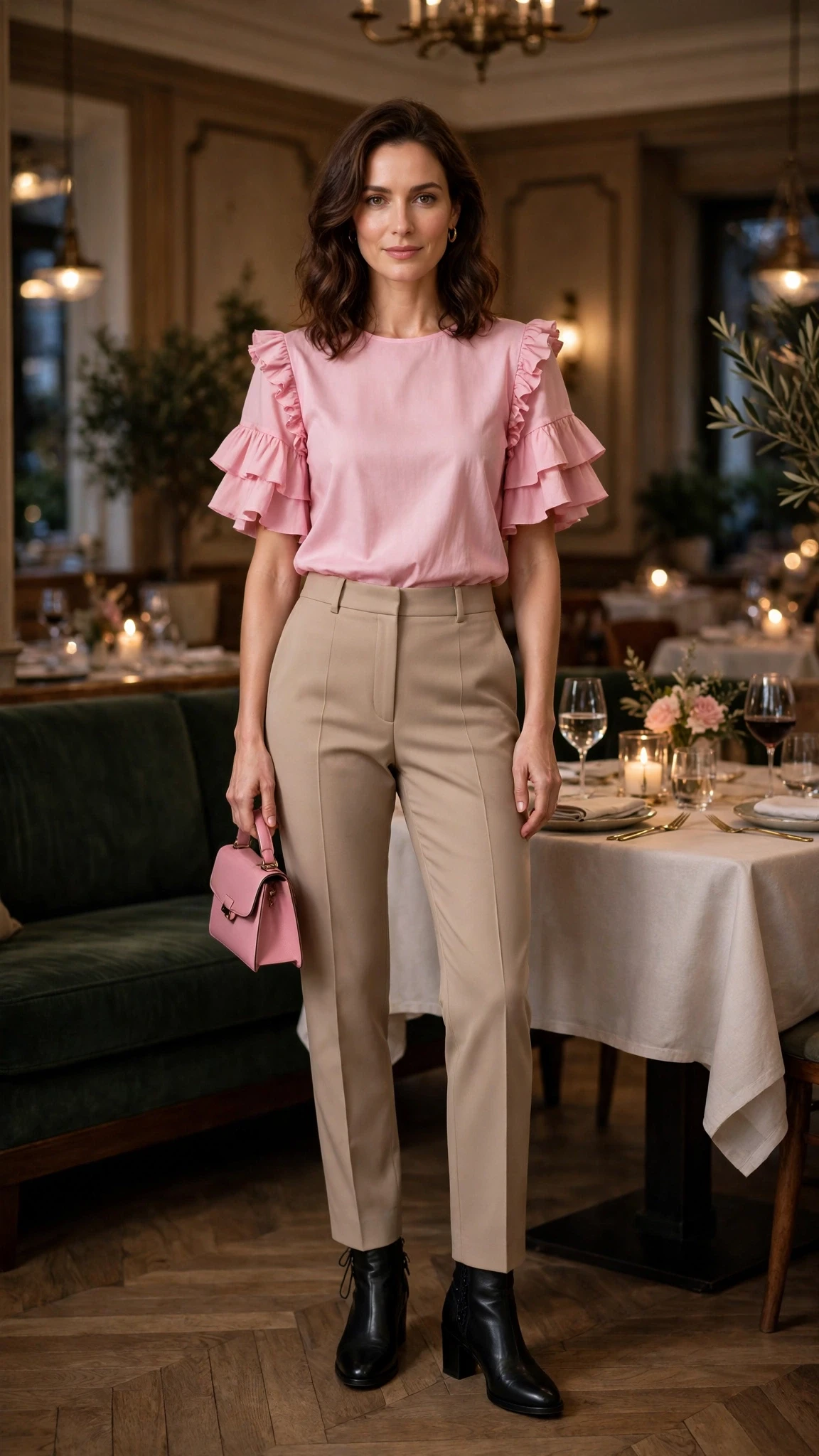 Pink ruffle sleeve top and tailored trouser outfit with leather ankle boots and a small structured clutch
