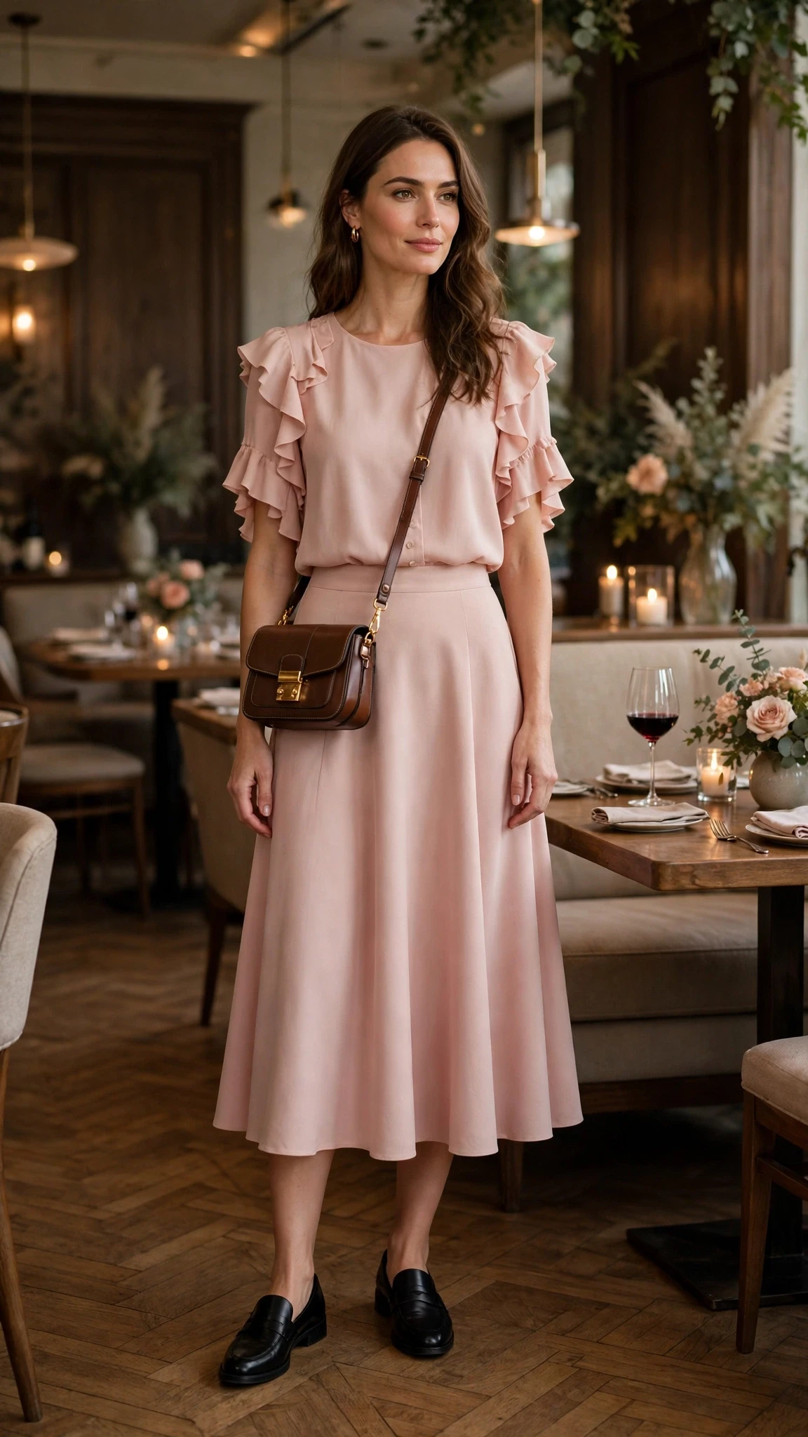 Blush ruffle sleeve top and A-line skirt outfit with smart loafers and a chic crossbody bag
