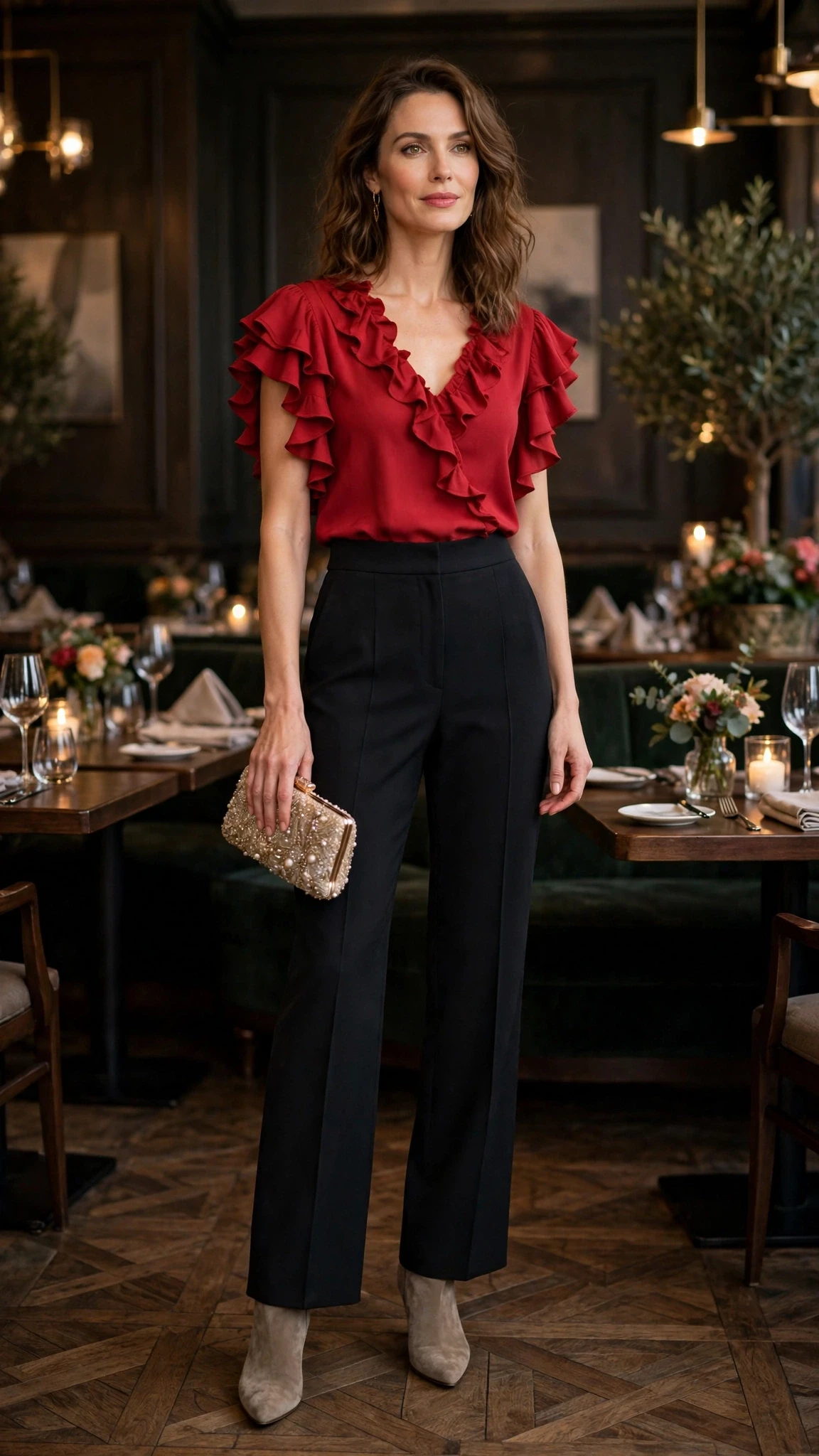 Red ruffle sleeve top and evening trouser outfit with suede ankle boots and a beaded clutch