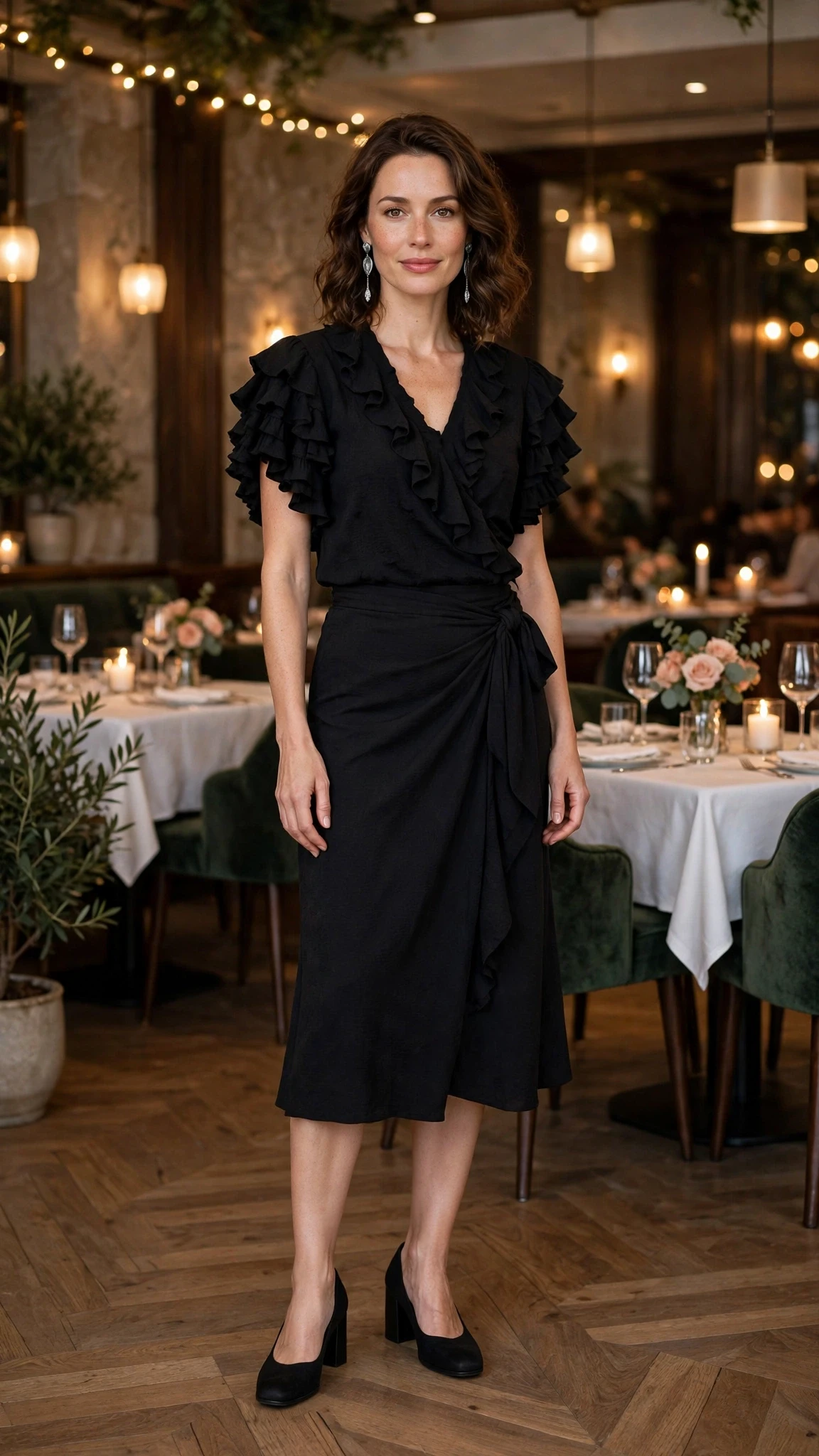 Black ruffle sleeve top and wrap skirt outfit with comfortable block heels and silver drop earrings