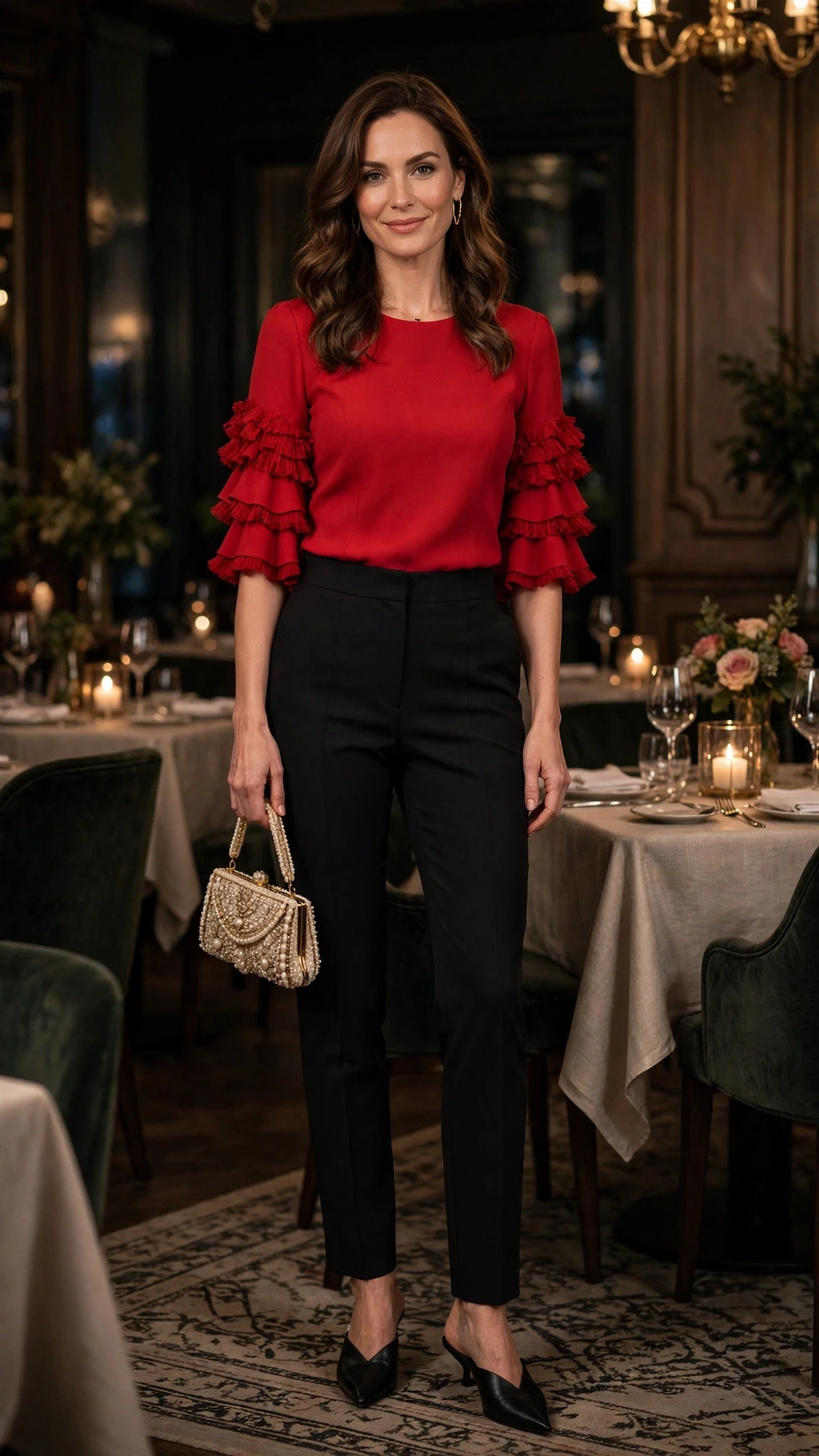 Red ruffle sleeve top and tailored trouser outfit with pointed mules and a beaded clutch