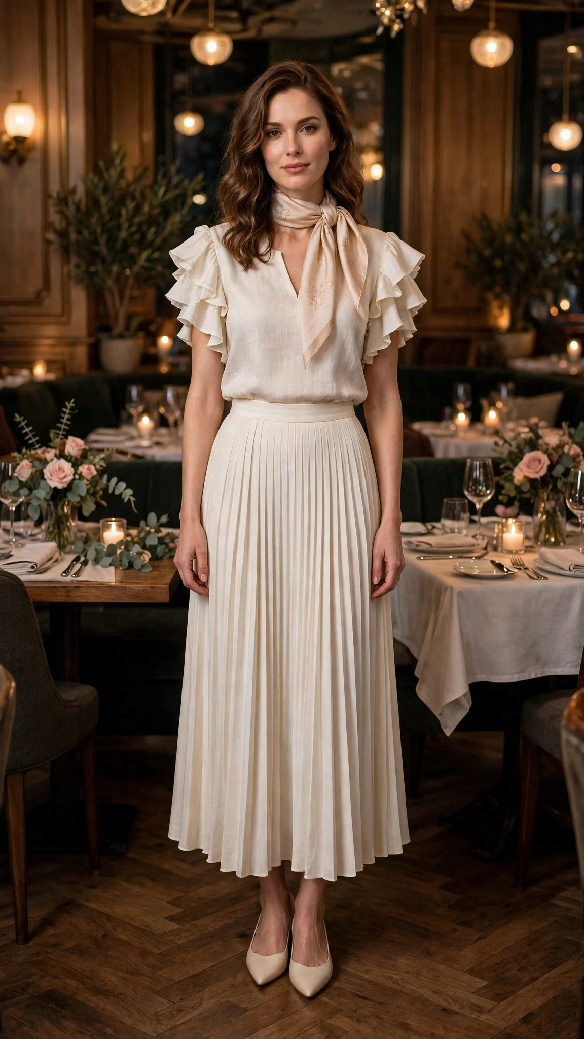 Ivory ruffle sleeve top and pleated skirt outfit with elegant pointed flats and a silk scarf