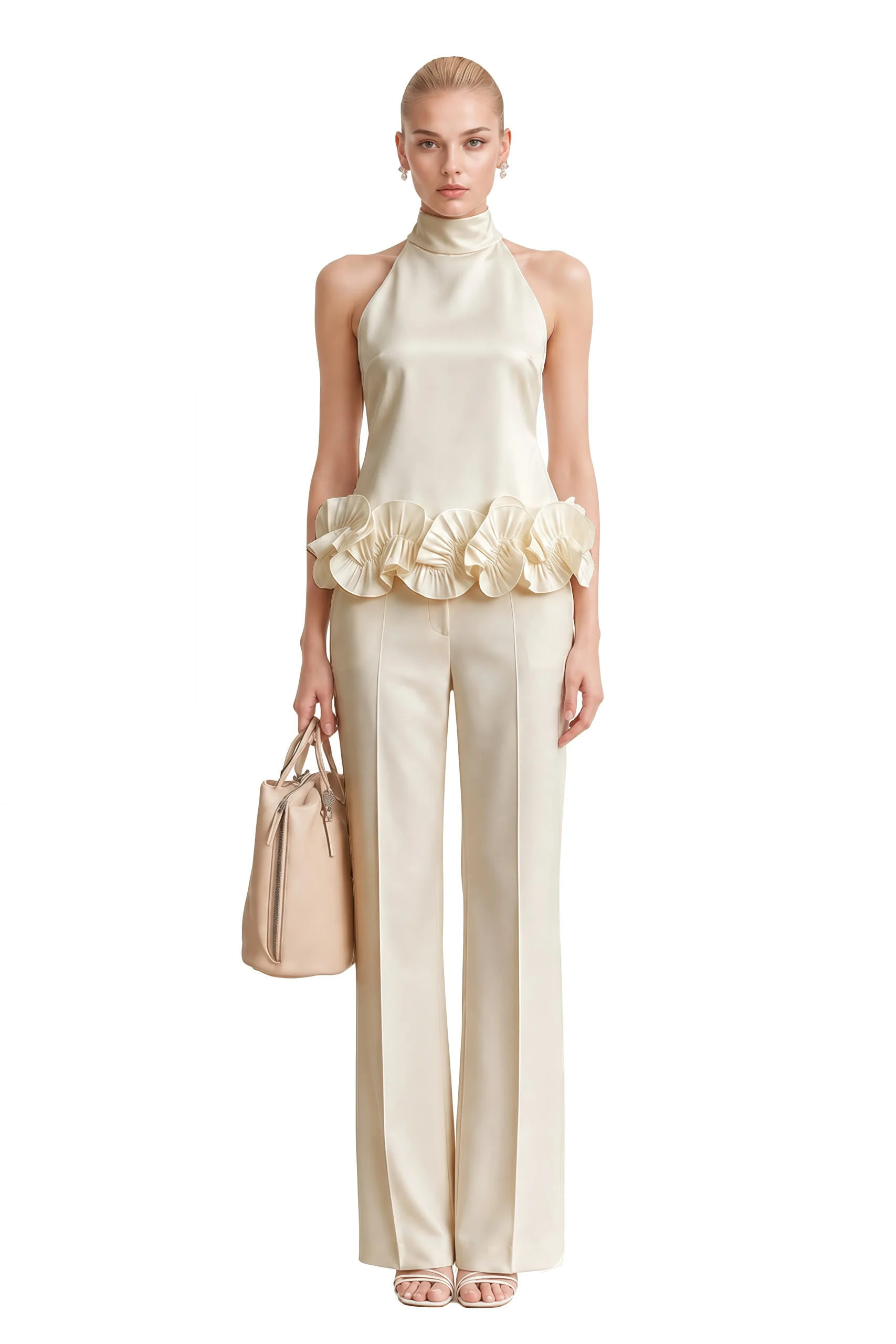 Ivory ruffle sleeve top and satin trouser outfit with pointed mules and a chic crossbody bag