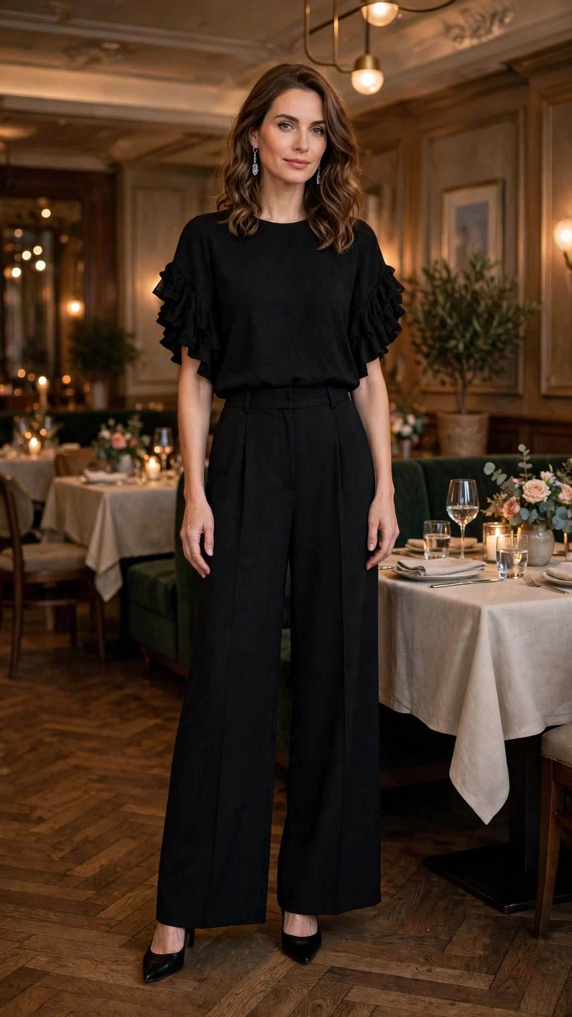 Black ruffle sleeve top and wide-leg trouser outfit with black pointed heels and silver drop earrings