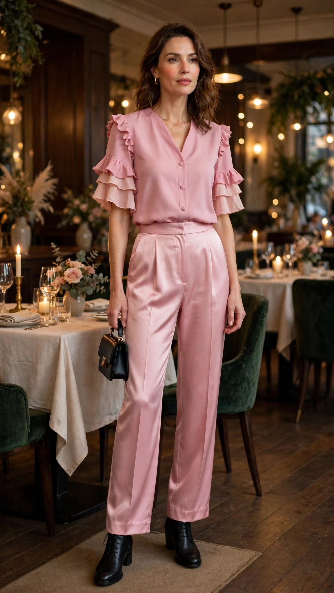 Pink ruffle sleeve top and satin trouser outfit with leather ankle boots and a small structured clutch