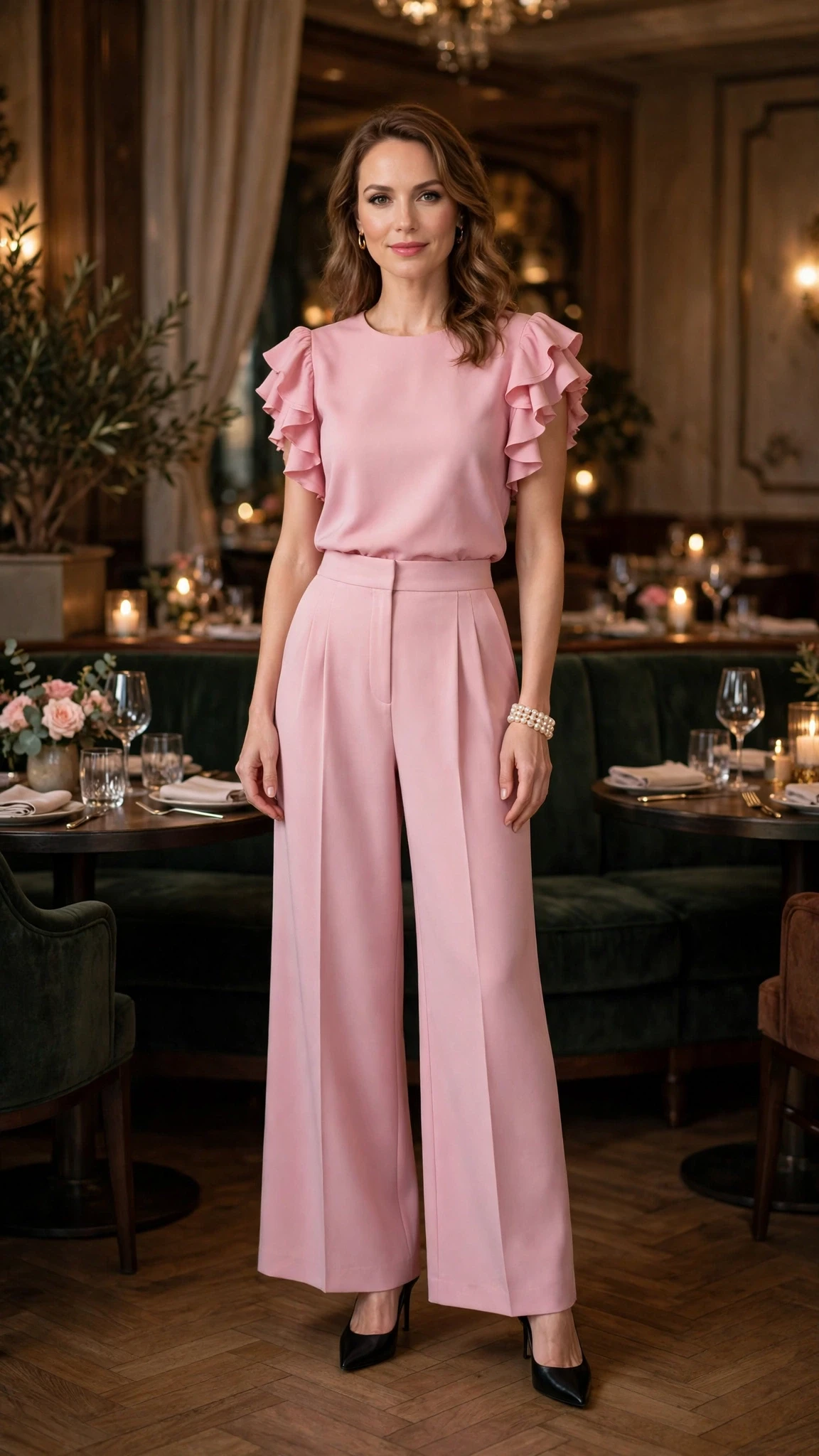 Pink ruffle sleeve top and wide-leg trouser outfit with black pointed heels and a pearl bracelet