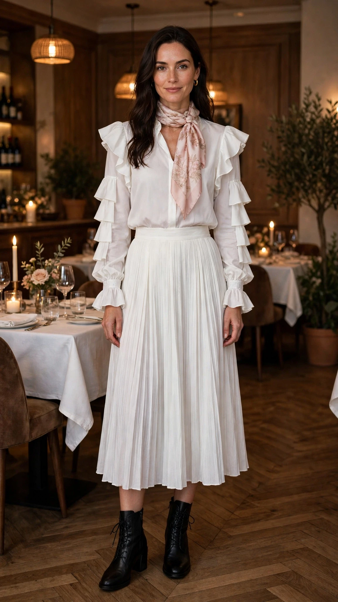 White ruffle sleeve top and midi skirt outfit with leather ankle boots and a silk scarf