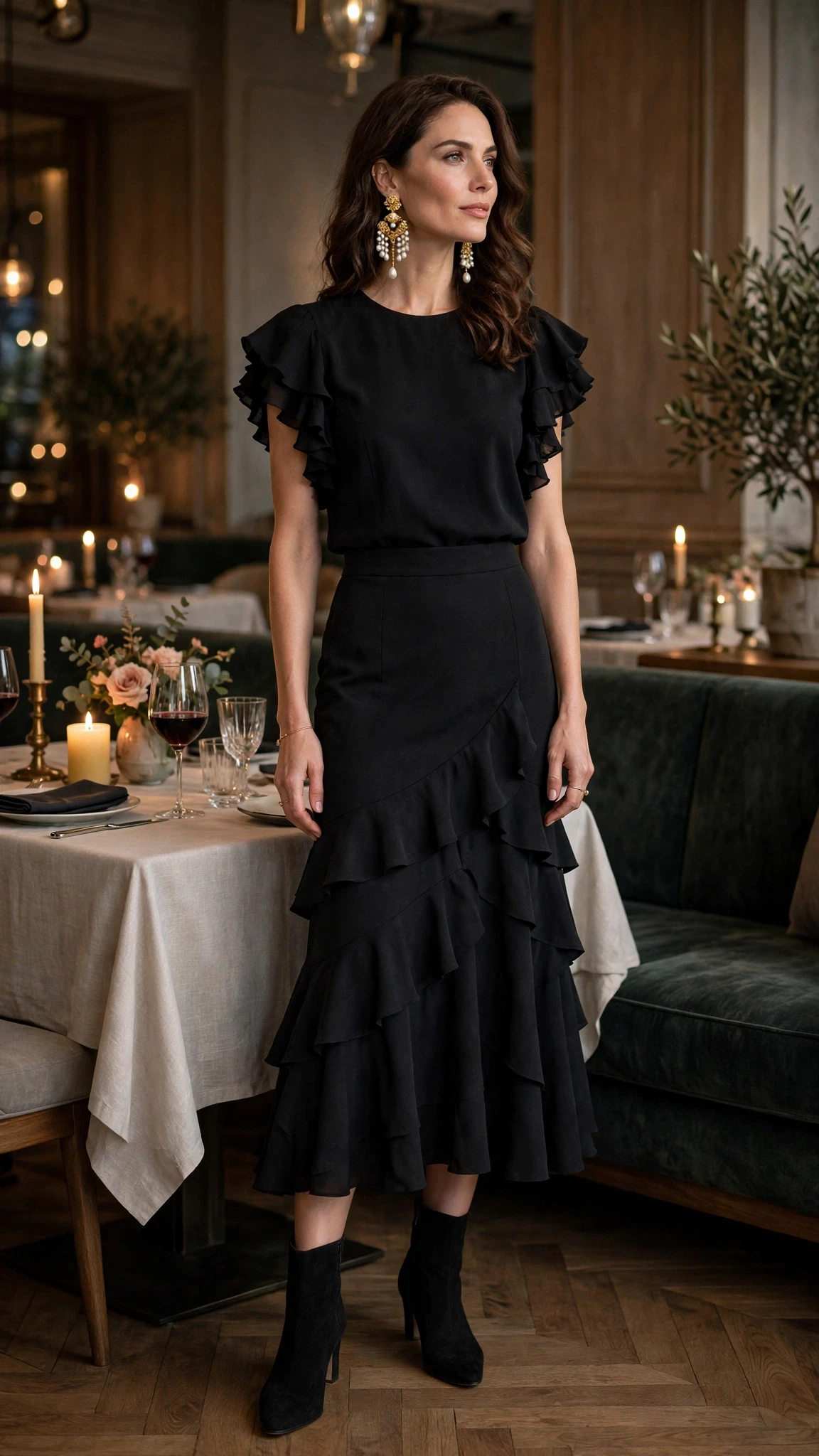 Black ruffle sleeve top and skirt outfit with suede ankle boots and statement earrings