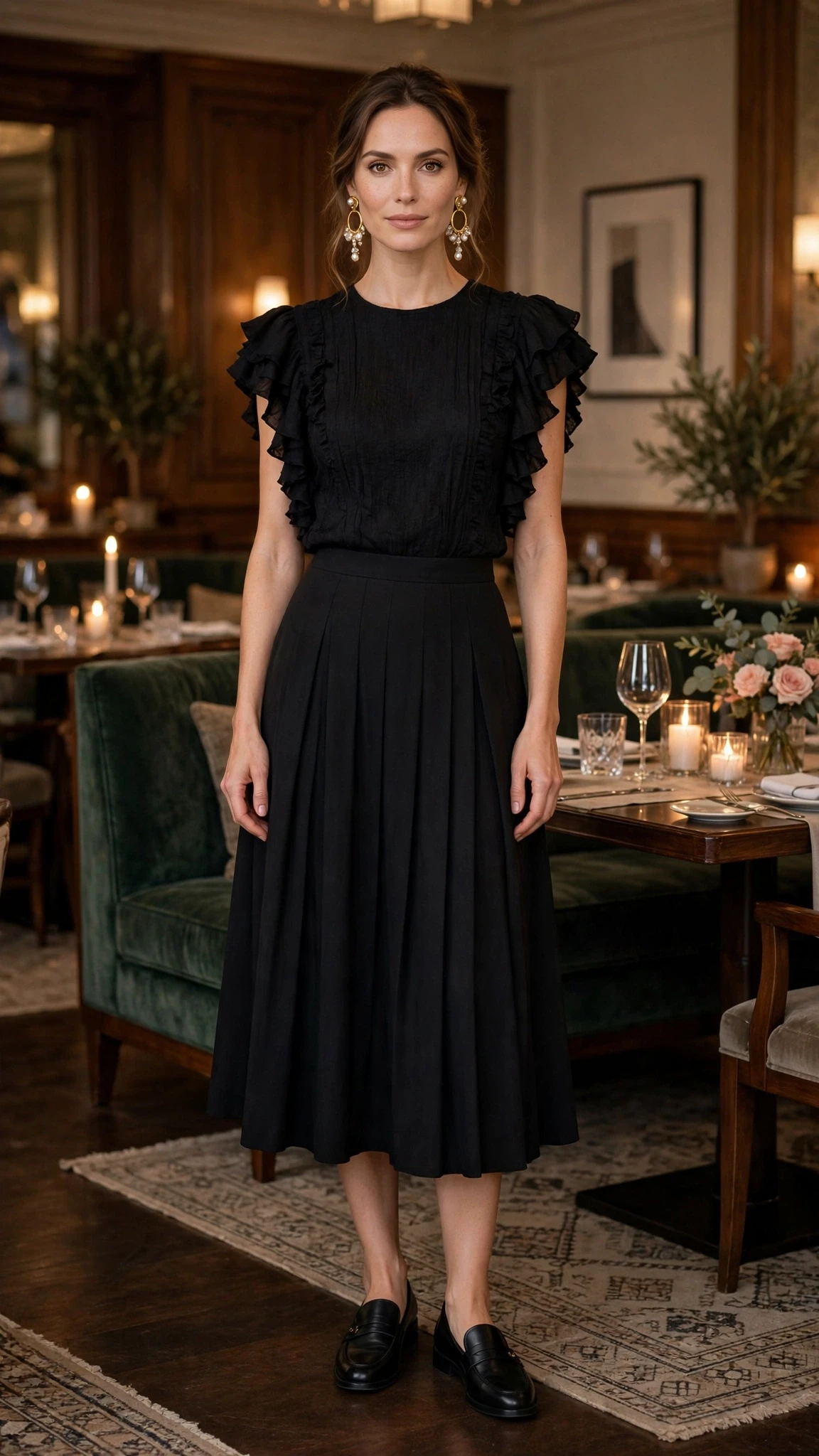 Black ruffle sleeve top and midi skirt outfit with smart loafers and statement earrings