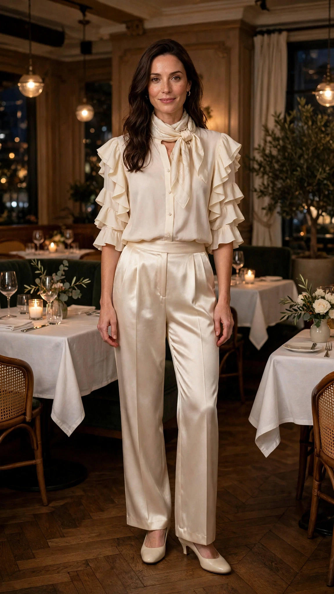 Cream ruffle sleeve top and satin trouser outfit with low-heeled pumps and a silk scarf