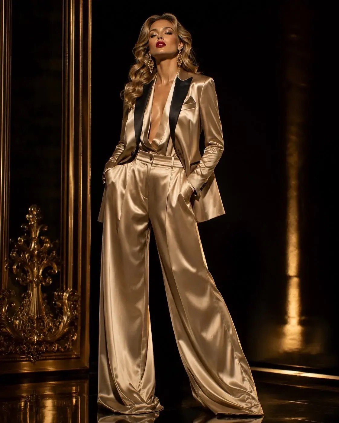Champagne Satin Tuxedo Suit with Black Lapels and Wide-Leg Trousers