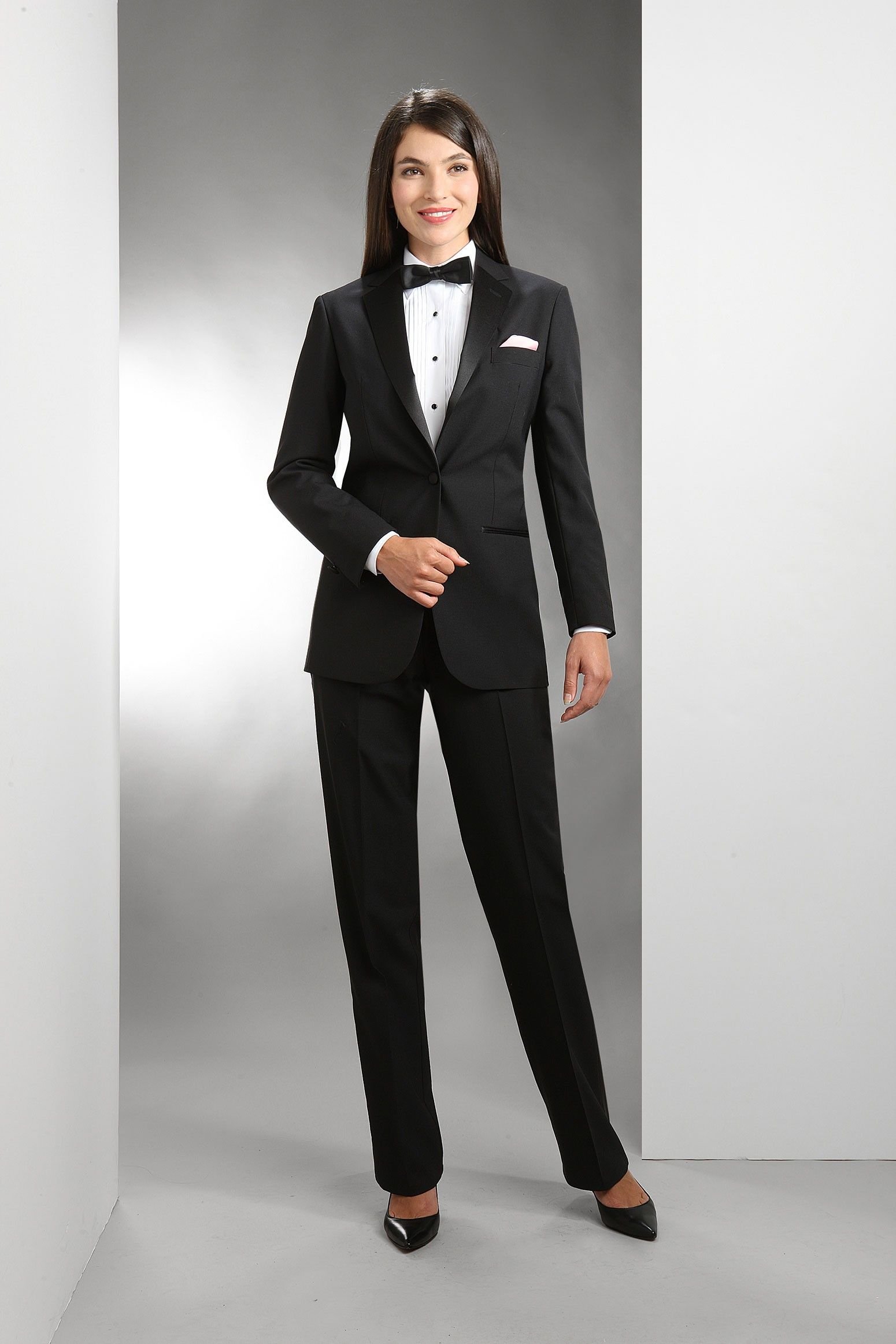 Black Satin Tuxedo Suit with a Bow Tie and a Pocket Square