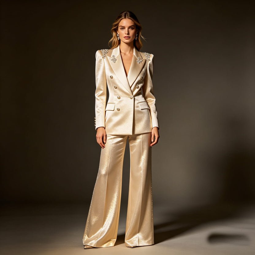 Champagne Satin Double-Breasted Tuxedo Suit with Crystal Shoulders