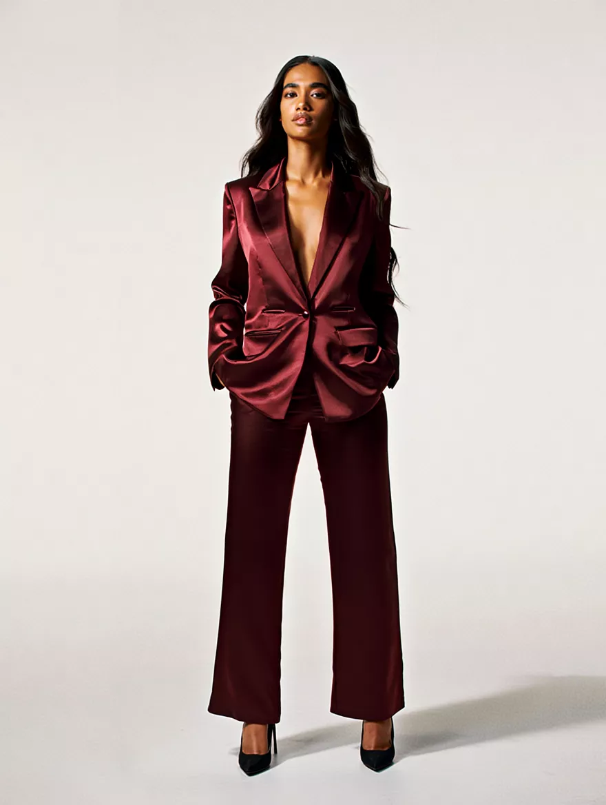 Burgundy Satin Tuxedo Suit with an Open Neckline
