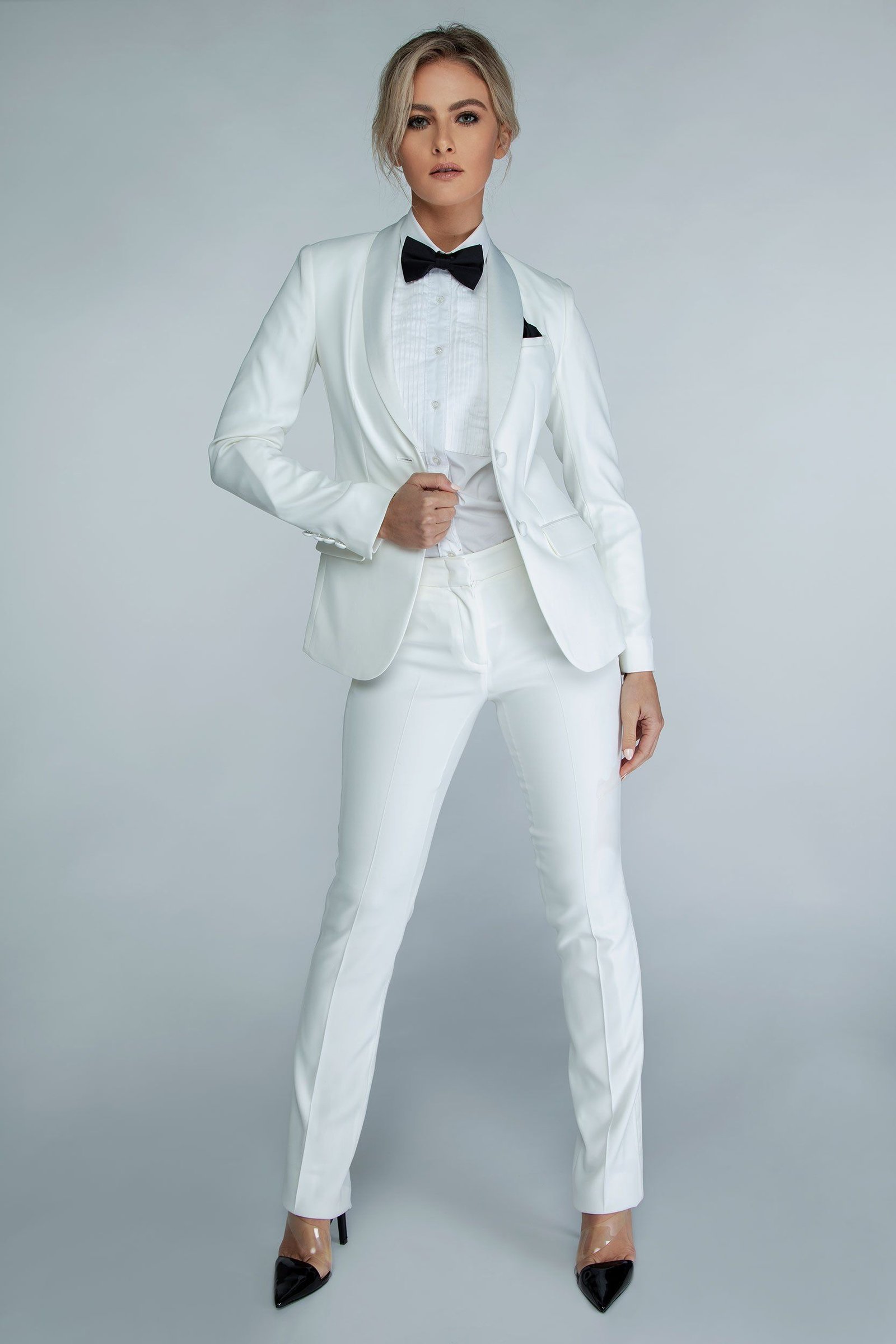 White Satin Tuxedo Suit with a Bow Tie