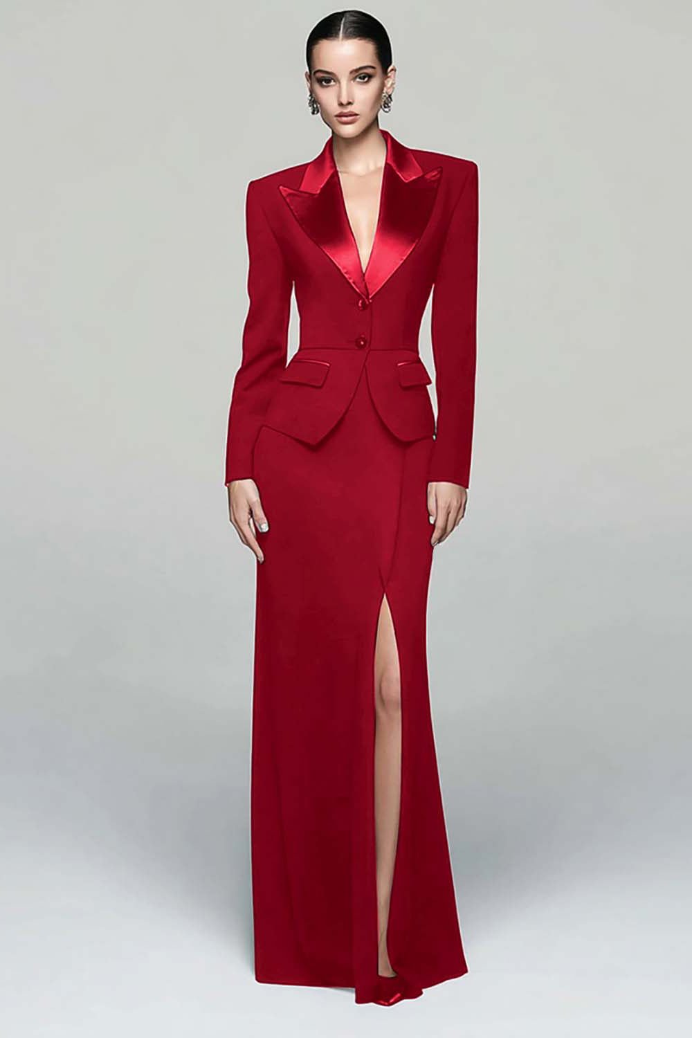 Red Satin Tuxedo Suit with a Long Slit Skirt