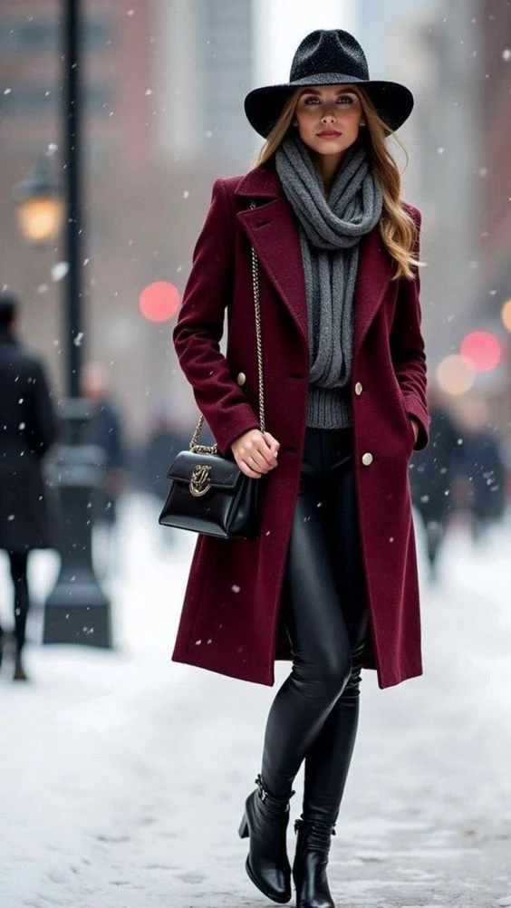 30 Scarf and Coat Layering Outfits for Snowy Walks That Are Chic, Warm and Elegant 3 Burgundy Coat with a Grey Knit Scarf with Black Leggings and Black Ankle Boots