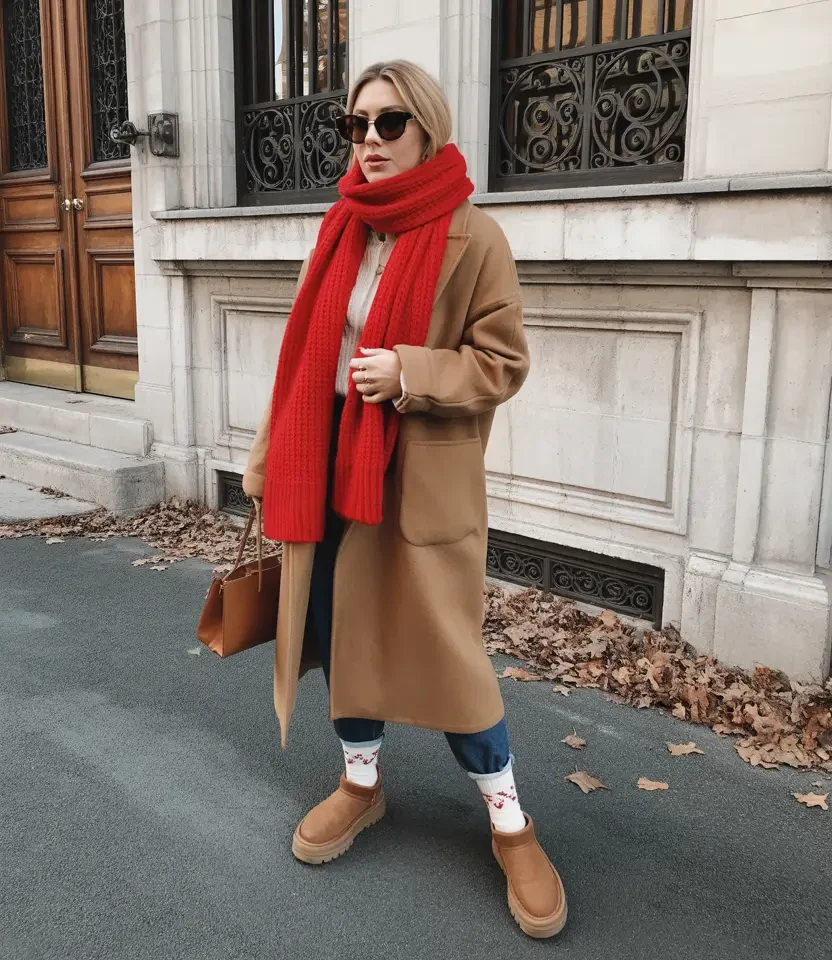 30 Scarf and Coat Layering Outfits for Snowy Walks That Are Chic, Warm and Elegant 5 Camel Wool Coat with a Red Knit Scarf with Dark Jeans and Tan Ankle Boots