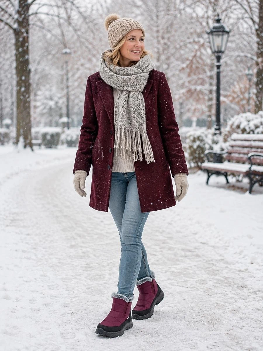 30 Scarf and Coat Layering Outfits for Snowy Walks That Are Chic, Warm and Elegant 7 Burgundy Coat with a Grey Knit Scarf with Blue Jeans and Burgundy Ankle Boots