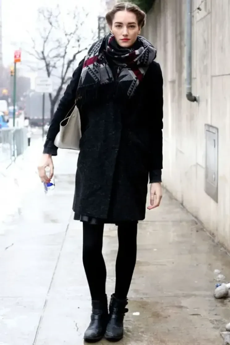 30 Scarf and Coat Layering Outfits for Snowy Walks That Are Chic, Warm and Elegant 9 Black Coat with a Tartan Scarf with Black Leggings and Black Ankle Boots