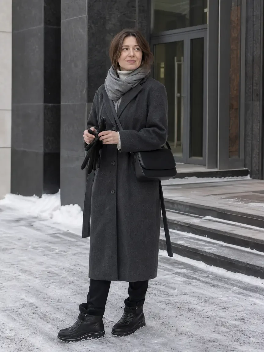 30 Scarf and Coat Layering Outfits for Snowy Walks That Are Chic, Warm and Elegant 12 Charcoal Coat with a Grey Scarf with Dark Trousers and Black Snow Boots