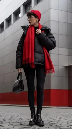 30 Scarf and Coat Layering Outfits for Snowy Walks That Are Chic, Warm and Elegant 14 Black Coat with a Red Knit Scarf with Black Skinny Jeans and Black Ankle Boots