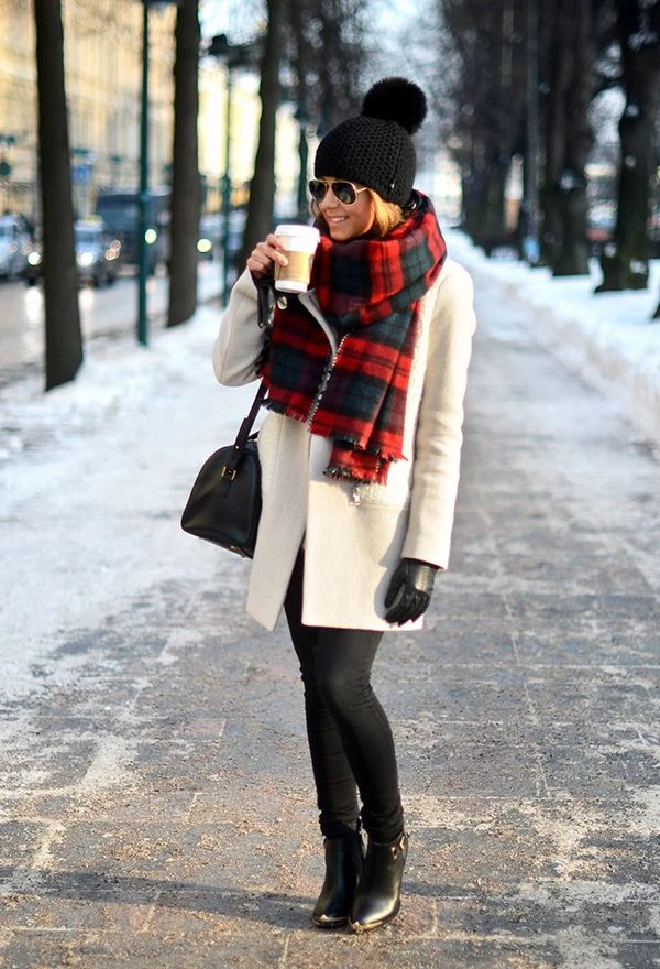 30 Scarf and Coat Layering Outfits for Snowy Walks That Are Chic, Warm and Elegant 18 Cream Coat with a Plaid Scarf with Black Skinny Jeans and Black Ankle Boots