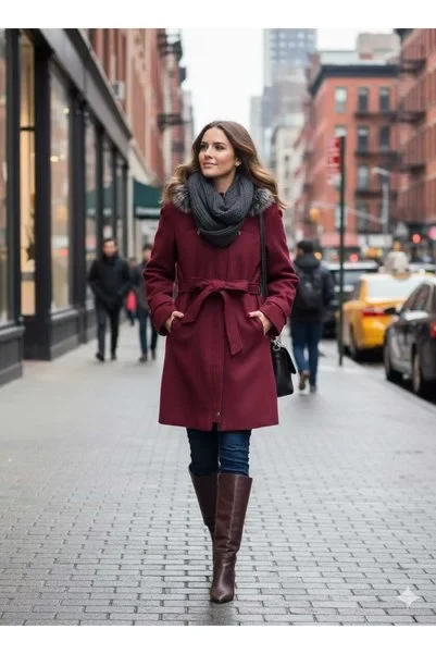 30 Scarf and Coat Layering Outfits for Snowy Walks That Are Chic, Warm and Elegant 21 Burgundy Coat with a Grey Knit Scarf with Dark Jeans and Brown Knee-high Boots