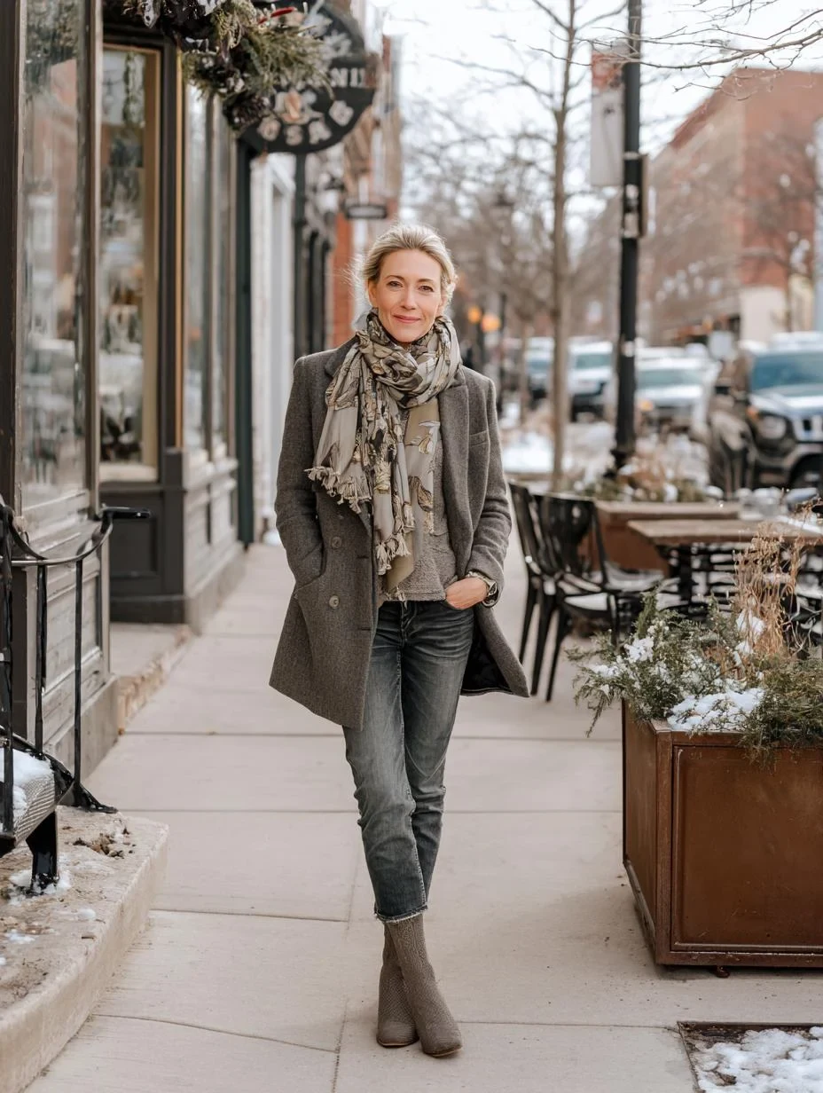 30 Scarf and Coat Layering Outfits for Snowy Walks That Are Chic, Warm and Elegant 24 Grey Wool Coat with a Patterned Scarf with Dark Jeans and Tan Ankle Boots