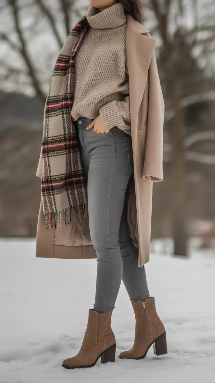 30 Scarf and Coat Layering Outfits for Snowy Walks That Are Chic, Warm and Elegant 25 Camel Coat with a Plaid Scarf with Grey Trousers and Tan Ankle Boots