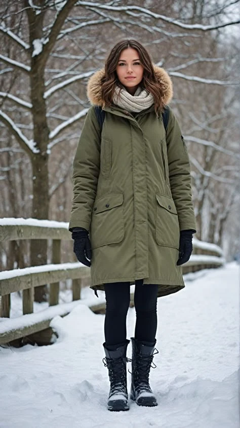 30 Scarf and Coat Layering Outfits for Snowy Walks That Are Chic, Warm and Elegant 28 Olive Coat with a Cream Scarf with Black Leggings and Black Snow Boots