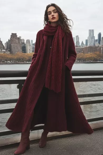 30 Scarf and Coat Layering Outfits for Snowy Walks That Are Chic, Warm and Elegant 29 Burgundy Coat with a Burgundy Scarf with Dark Jeans and Burgundy Ankle Boots