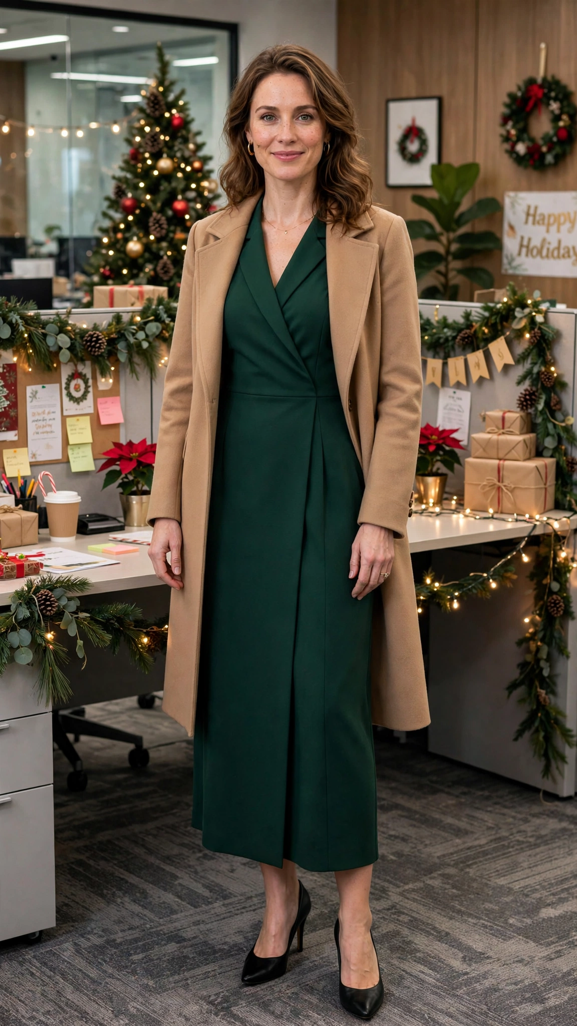 Forest Green Sequin-Free Christmas Party Dress with A Tailored Coat
