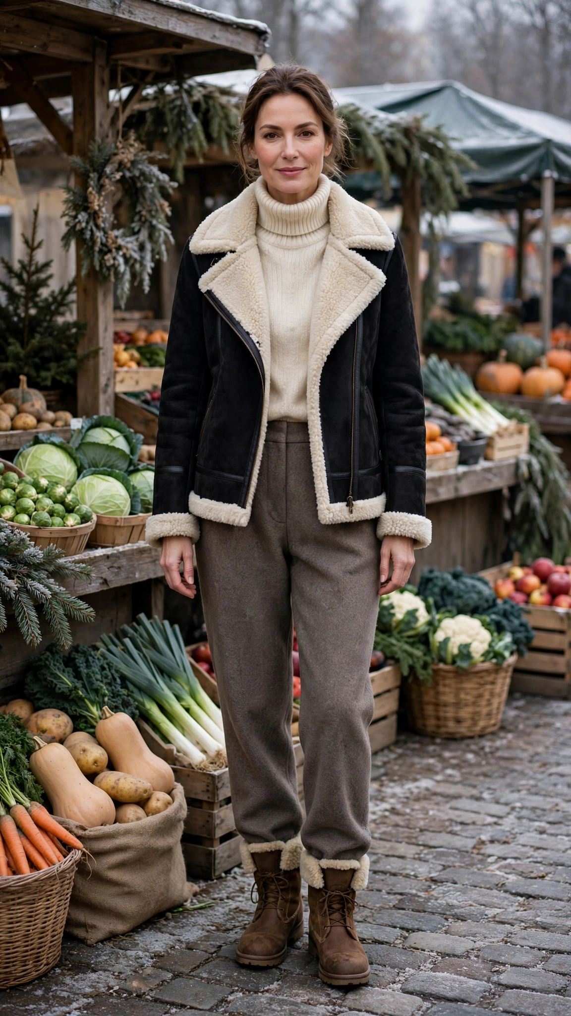 Black Shearling Lined Jacket with wool trousers