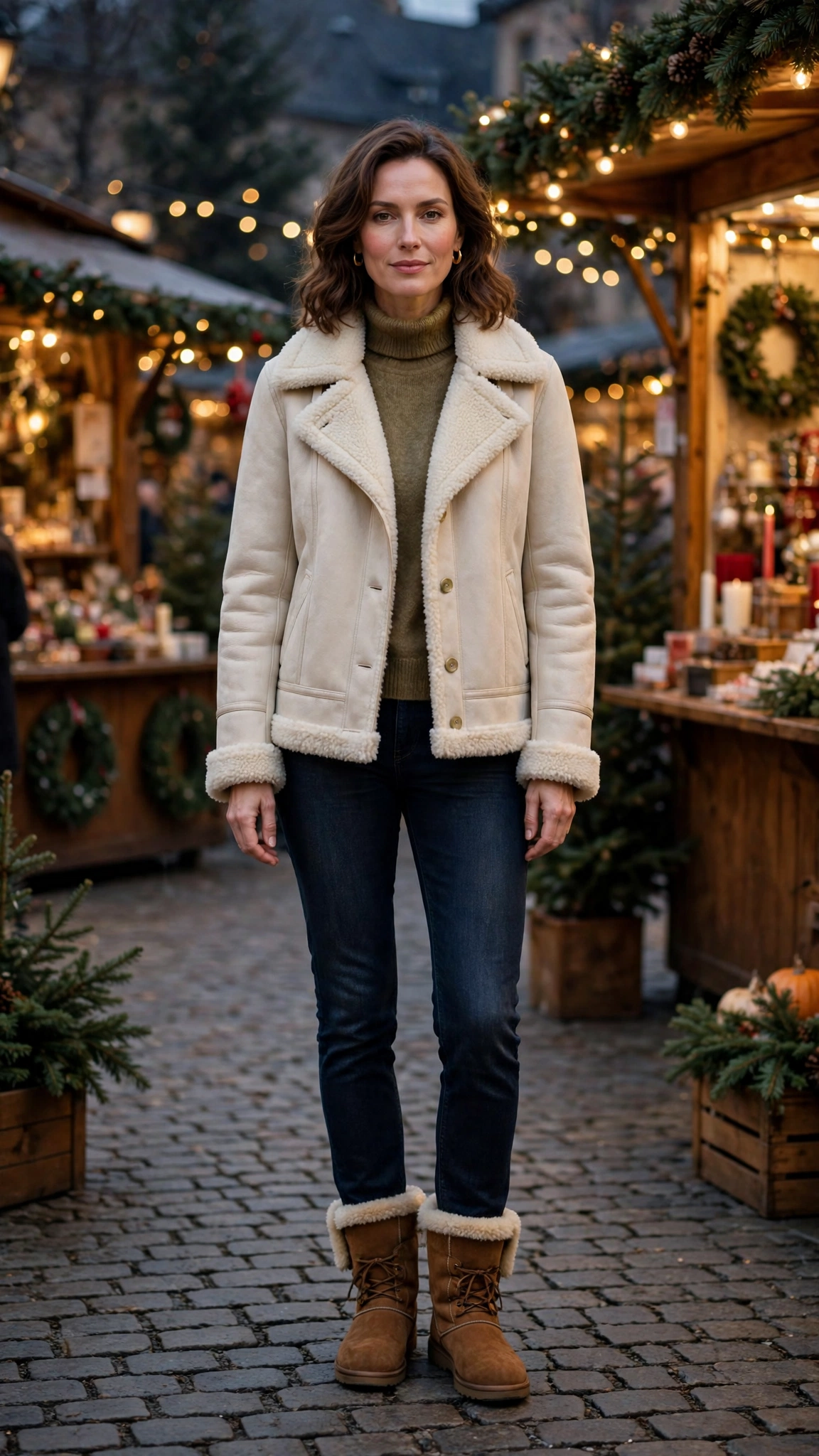 Cream Shearling Lined Jacket with dark jeans