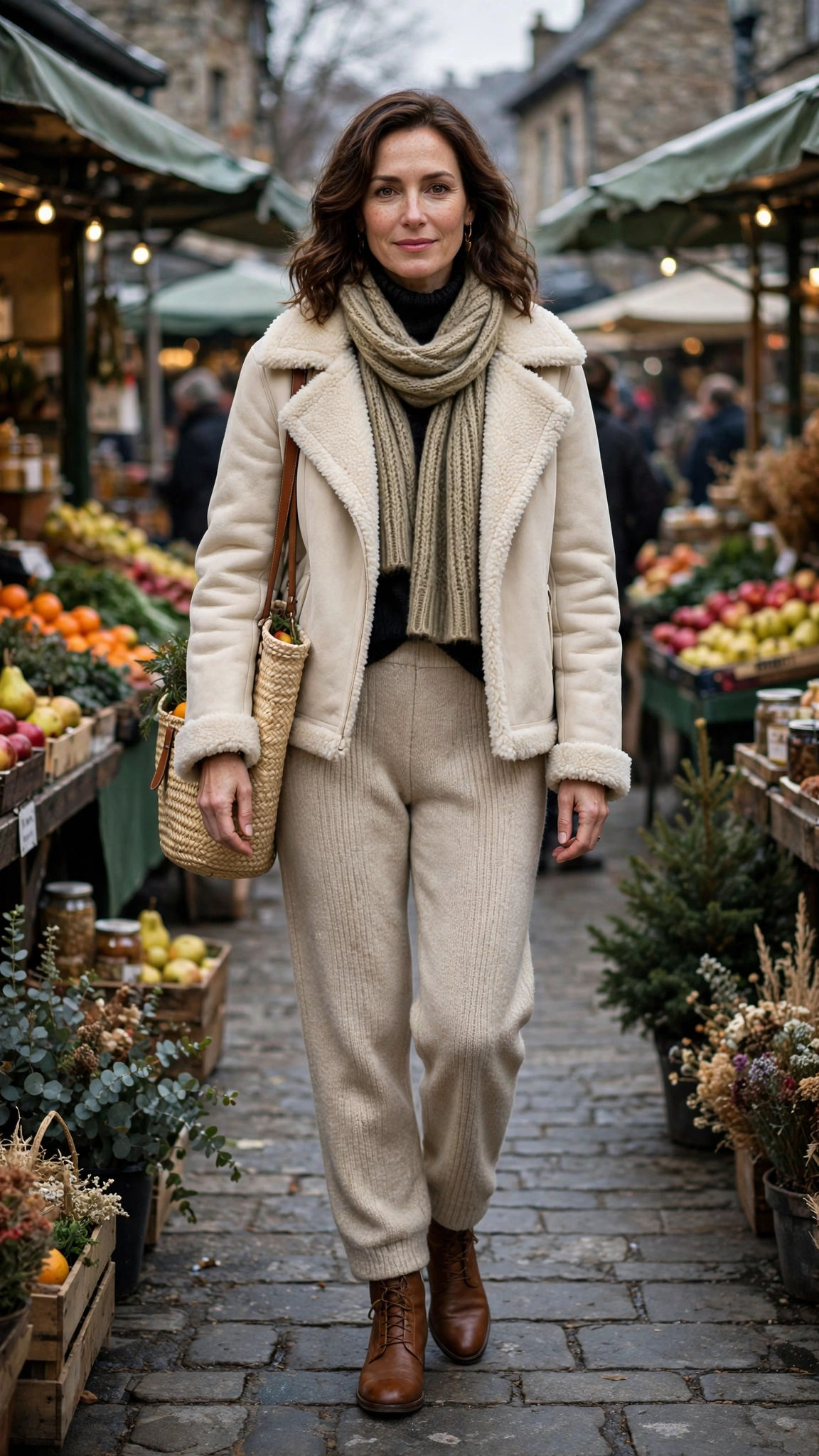 Cream Shearling Lined Jacket with wool trousers