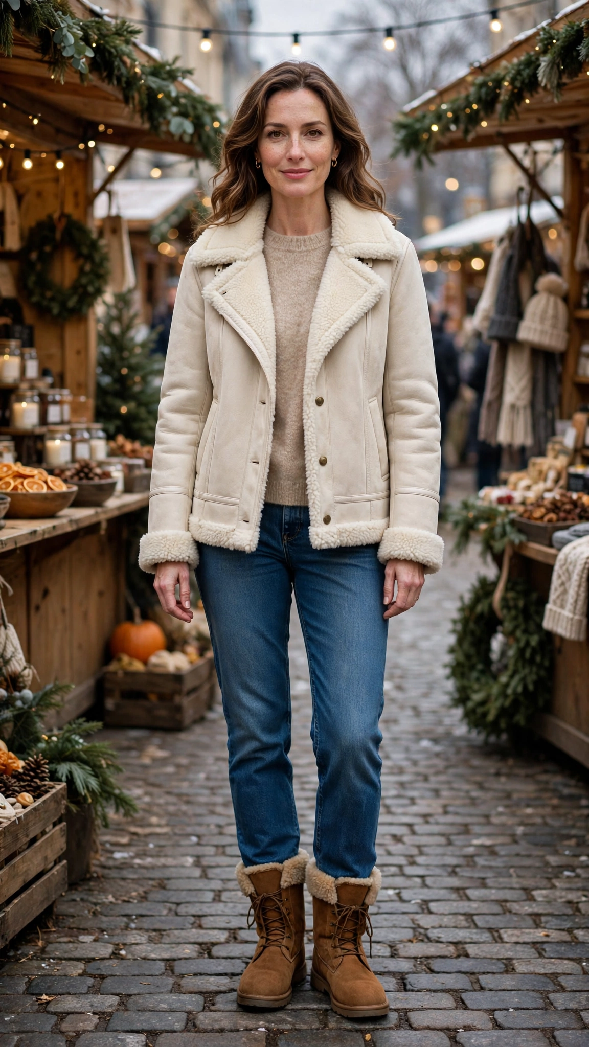 Cream Shearling Lined Jacket with jeans and boots