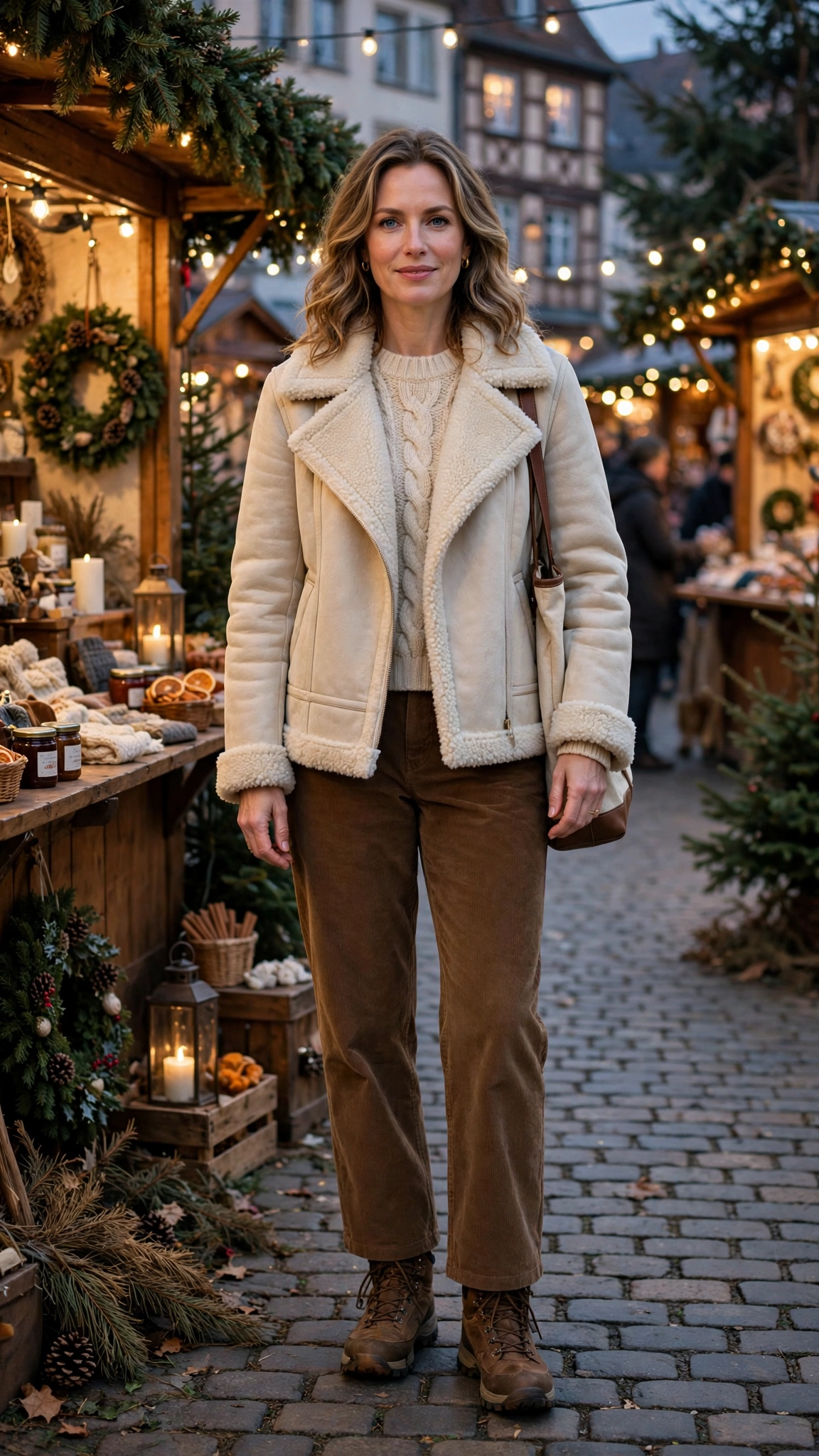 Cream Shearling Lined Jacket with corduroy trousers