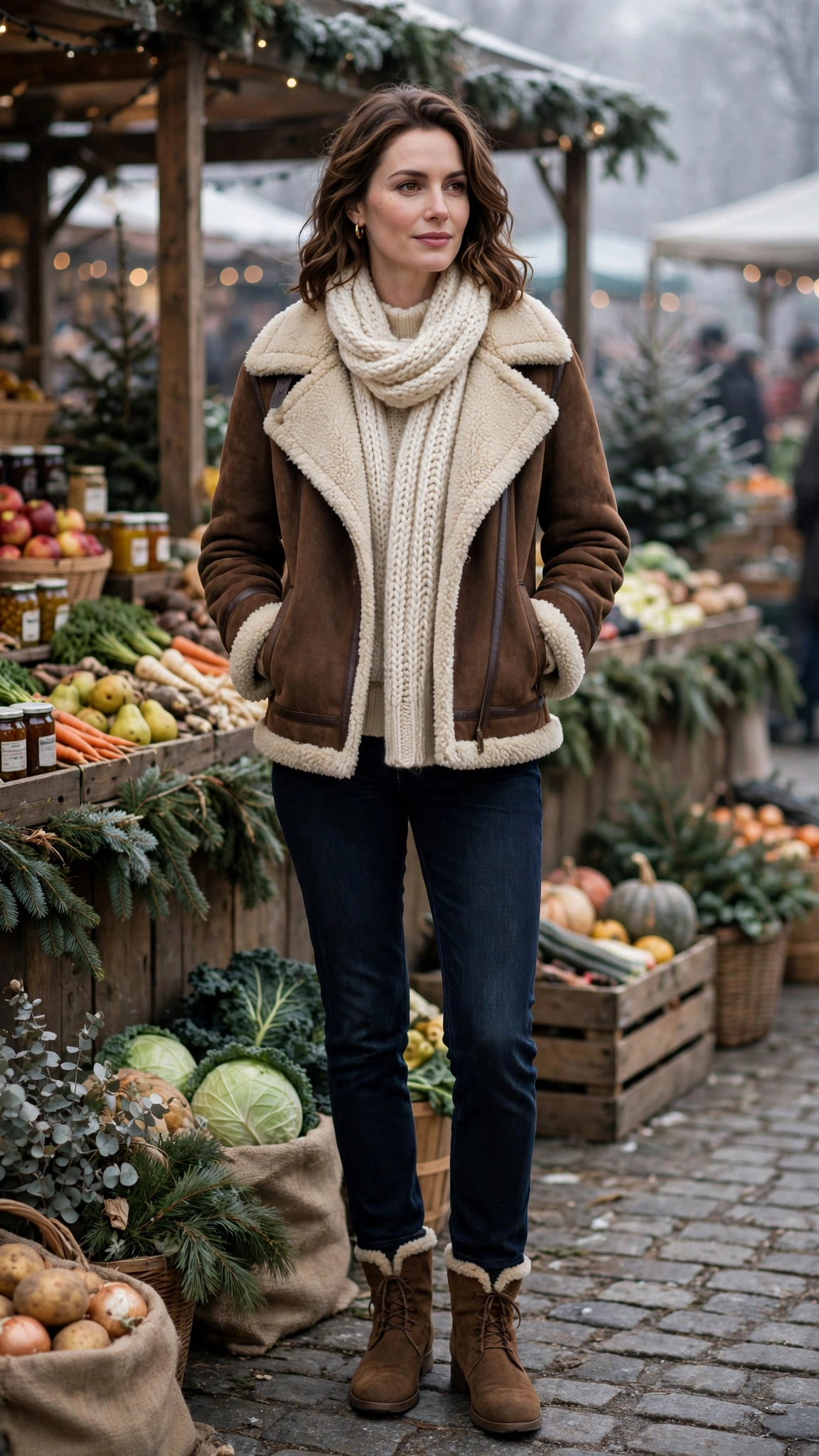 Brown Shearling Lined Jacket with dark jeans