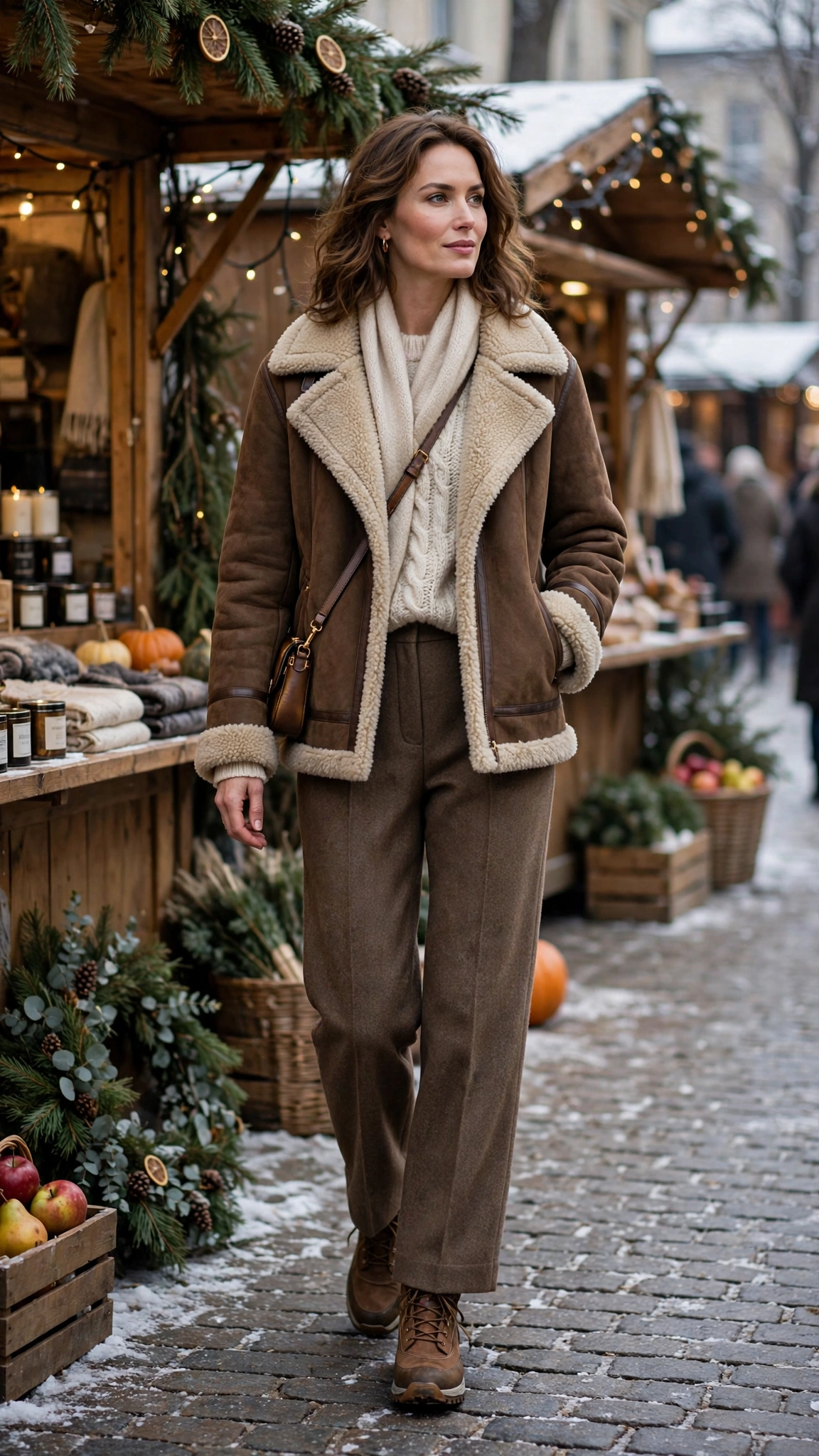 Brown Shearling Lined Jacket with wool trousers