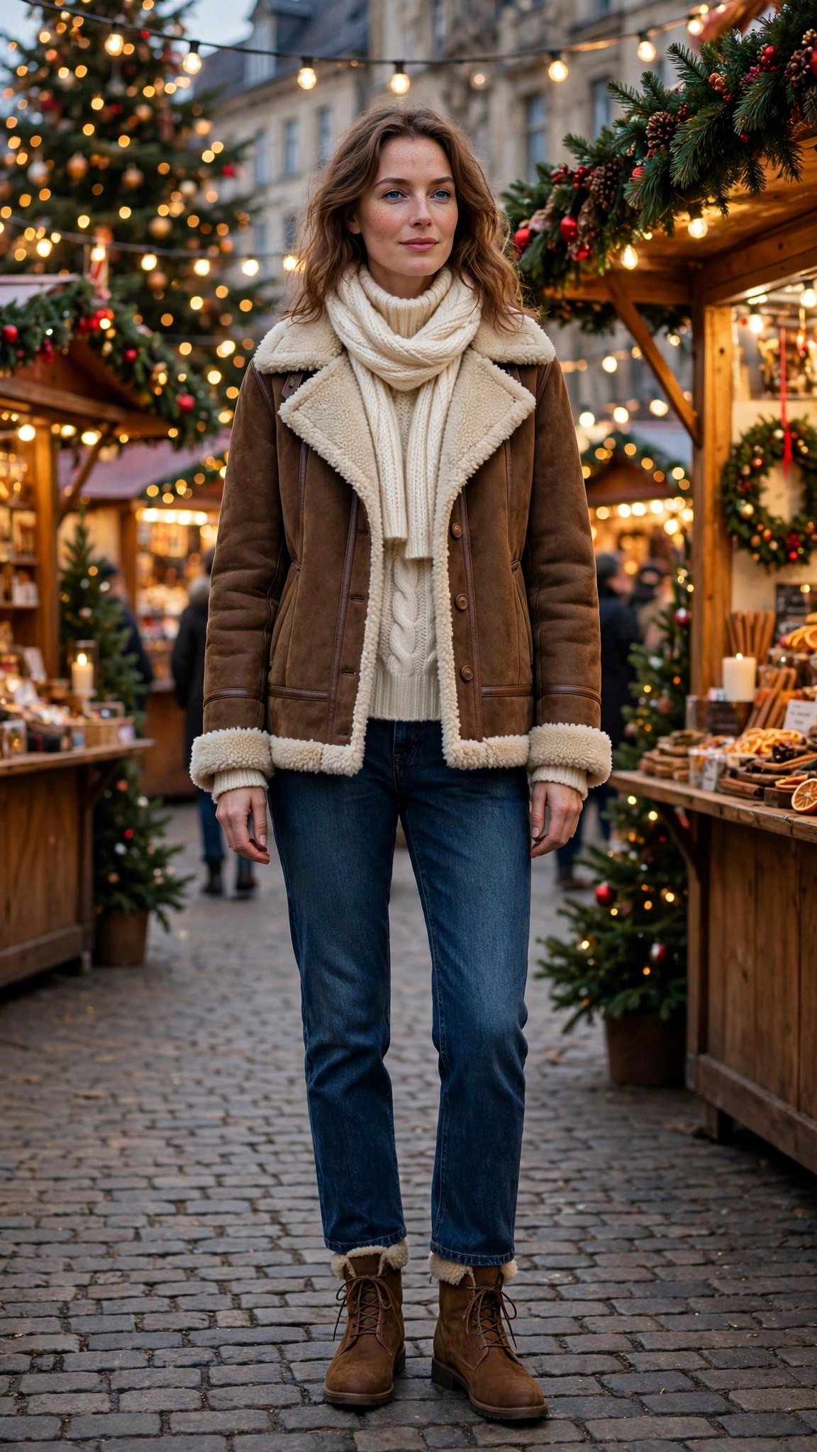 Brown Shearling Lined Jacket with jeans and boots