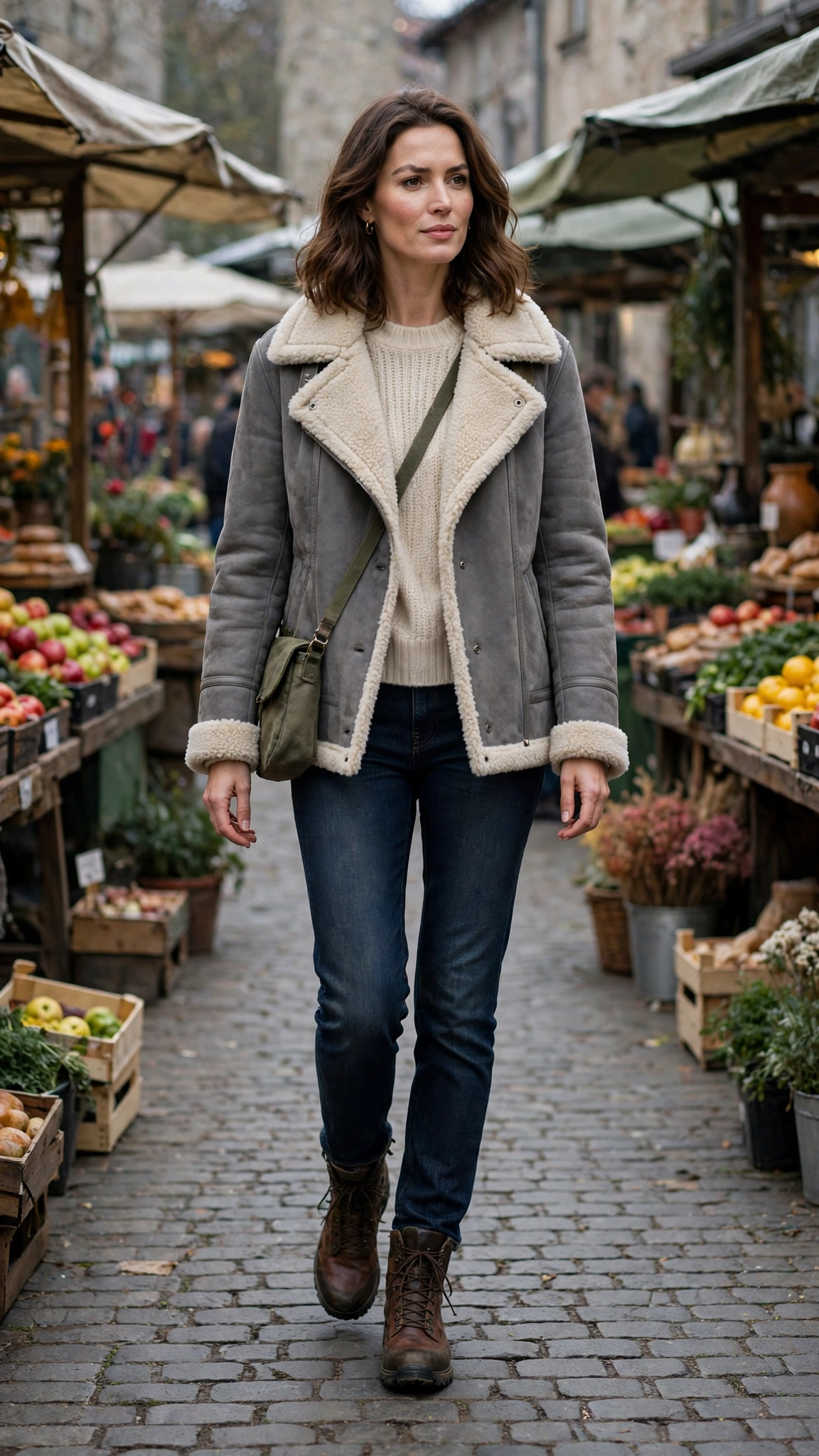 Grey Shearling Lined Jacket with dark jeans