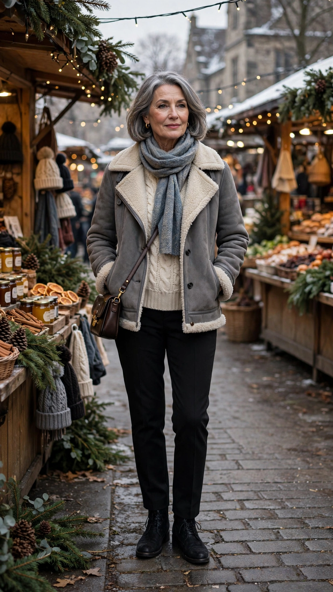 Grey Shearling Lined Jacket with black trousers