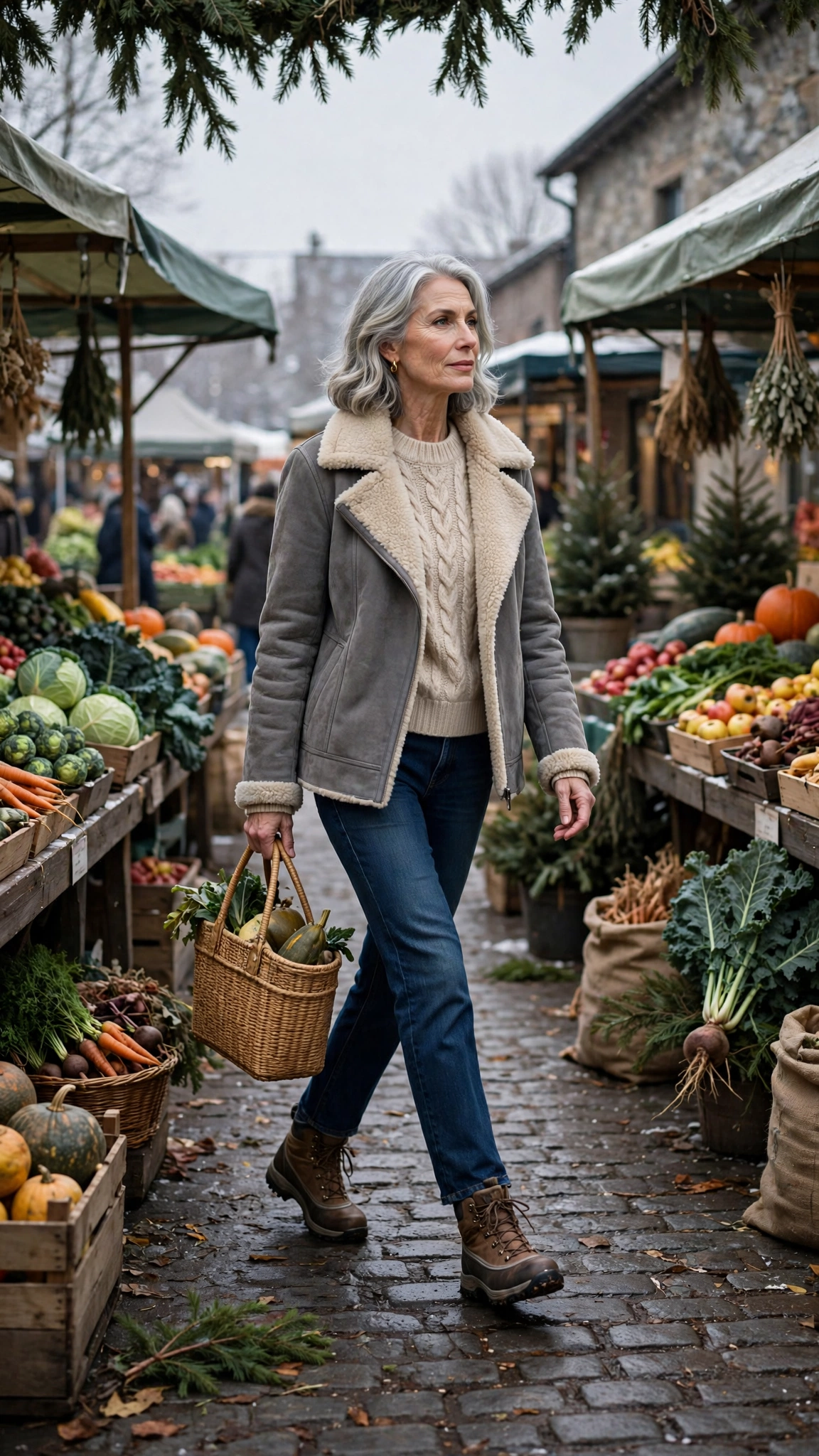 Grey Shearling Lined Jacket with jeans and boots