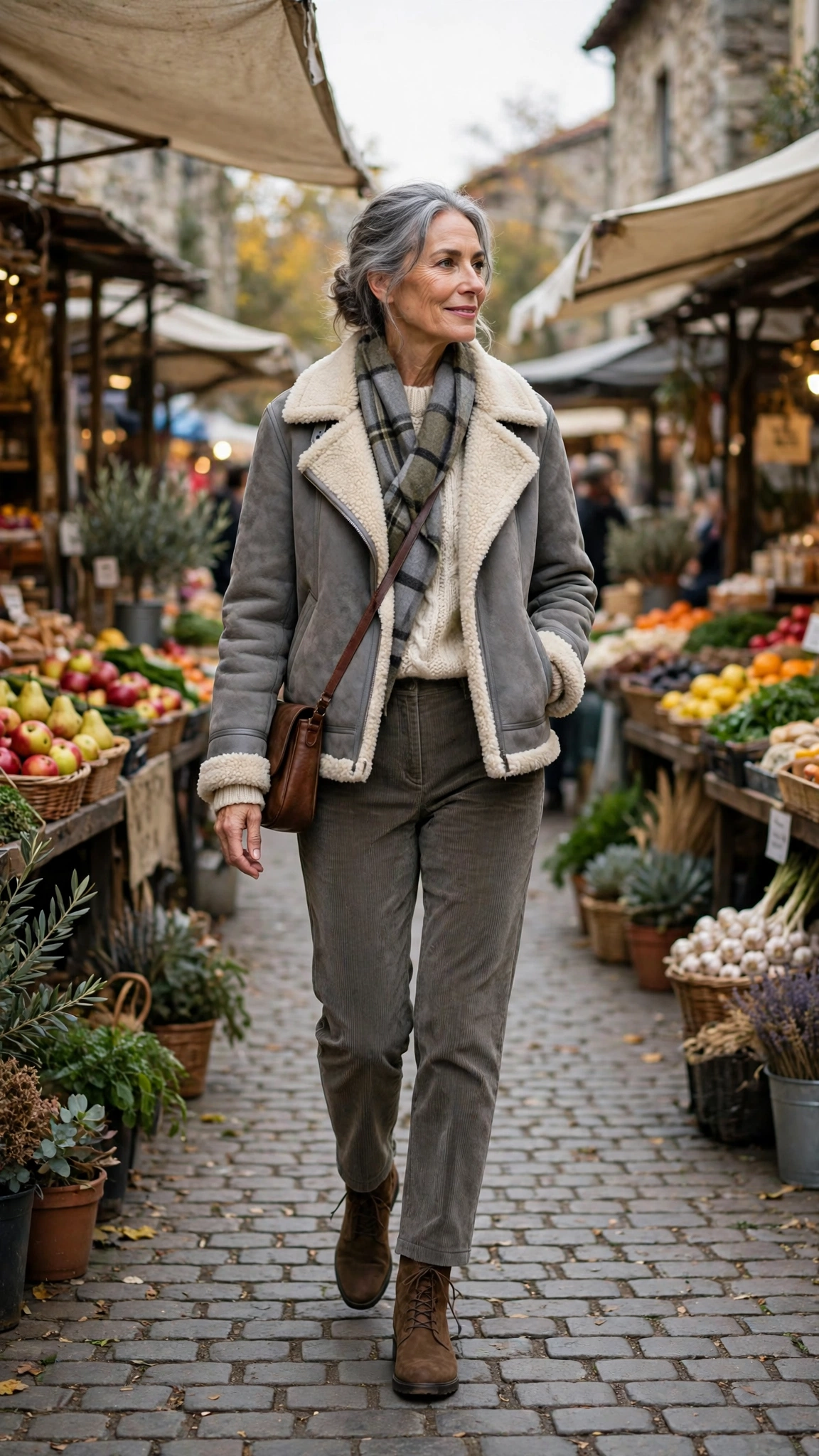 Grey Shearling Lined Jacket with corduroy trousers