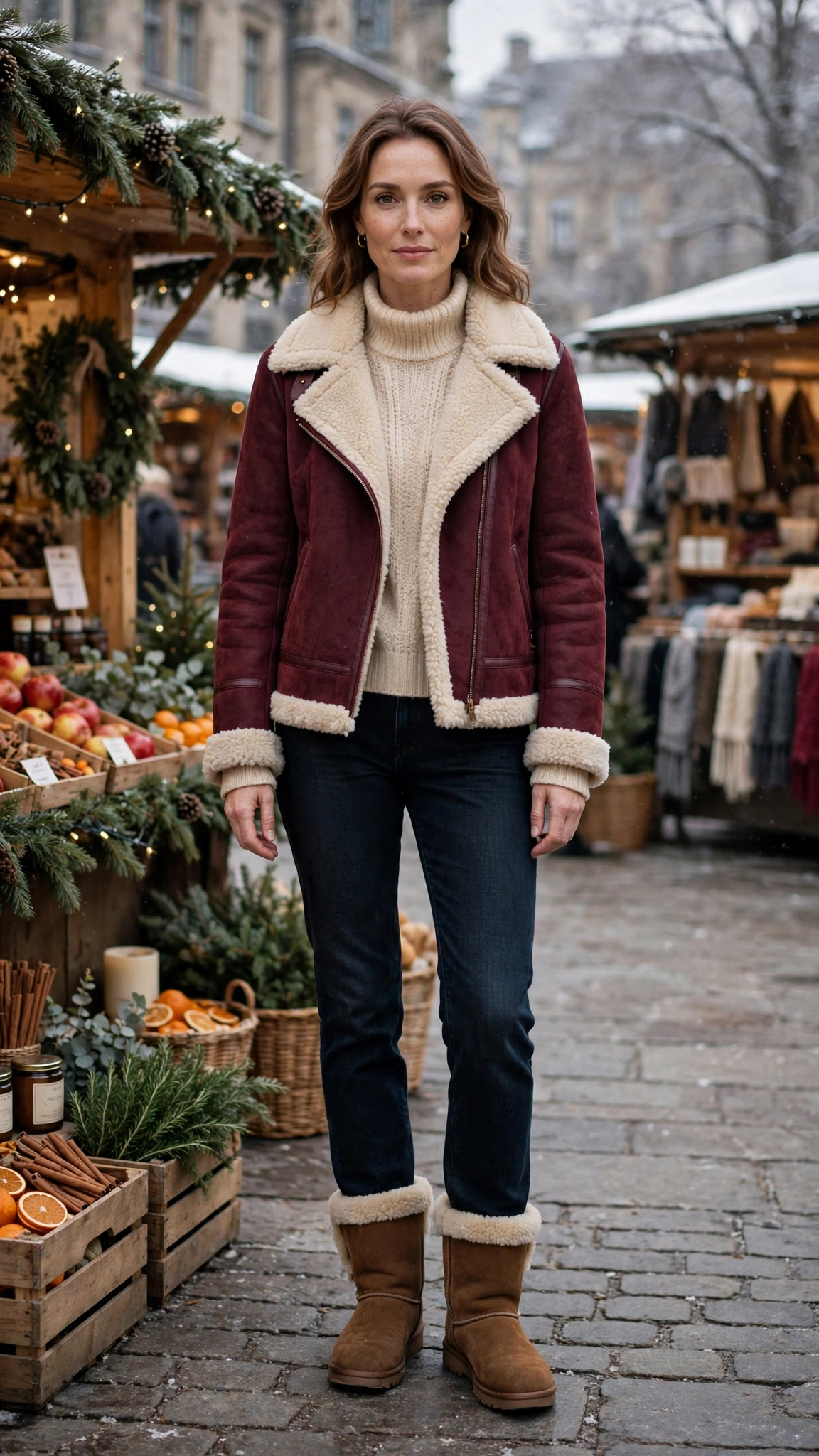 Burgundy Shearling Lined Jacket with dark jeans