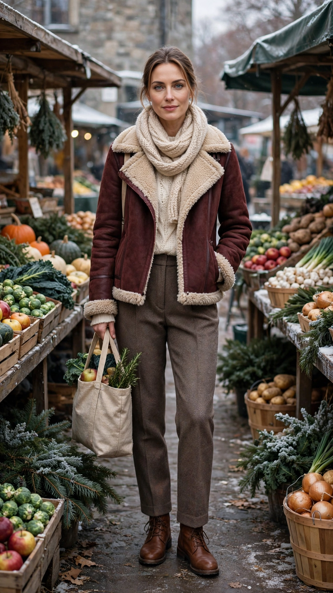 Burgundy Shearling Lined Jacket with wool trousers