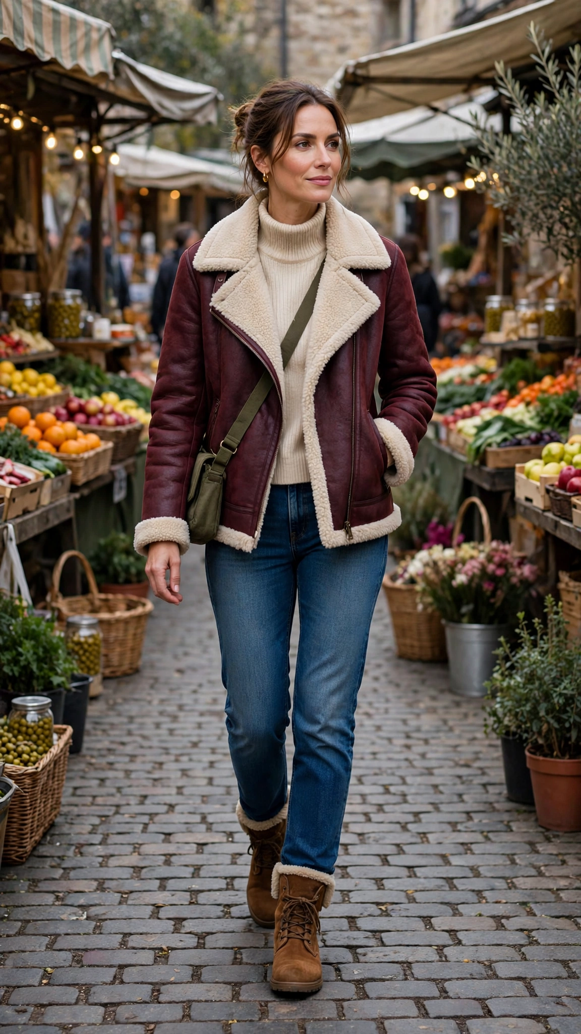 Burgundy Shearling Lined Jacket with jeans and boots