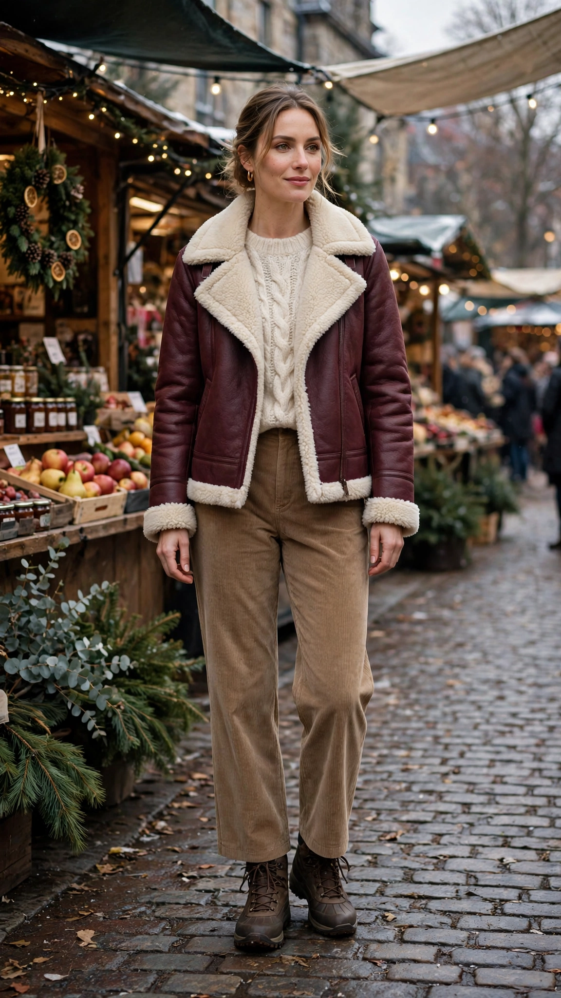 Burgundy Shearling Lined Jacket with corduroy trousers