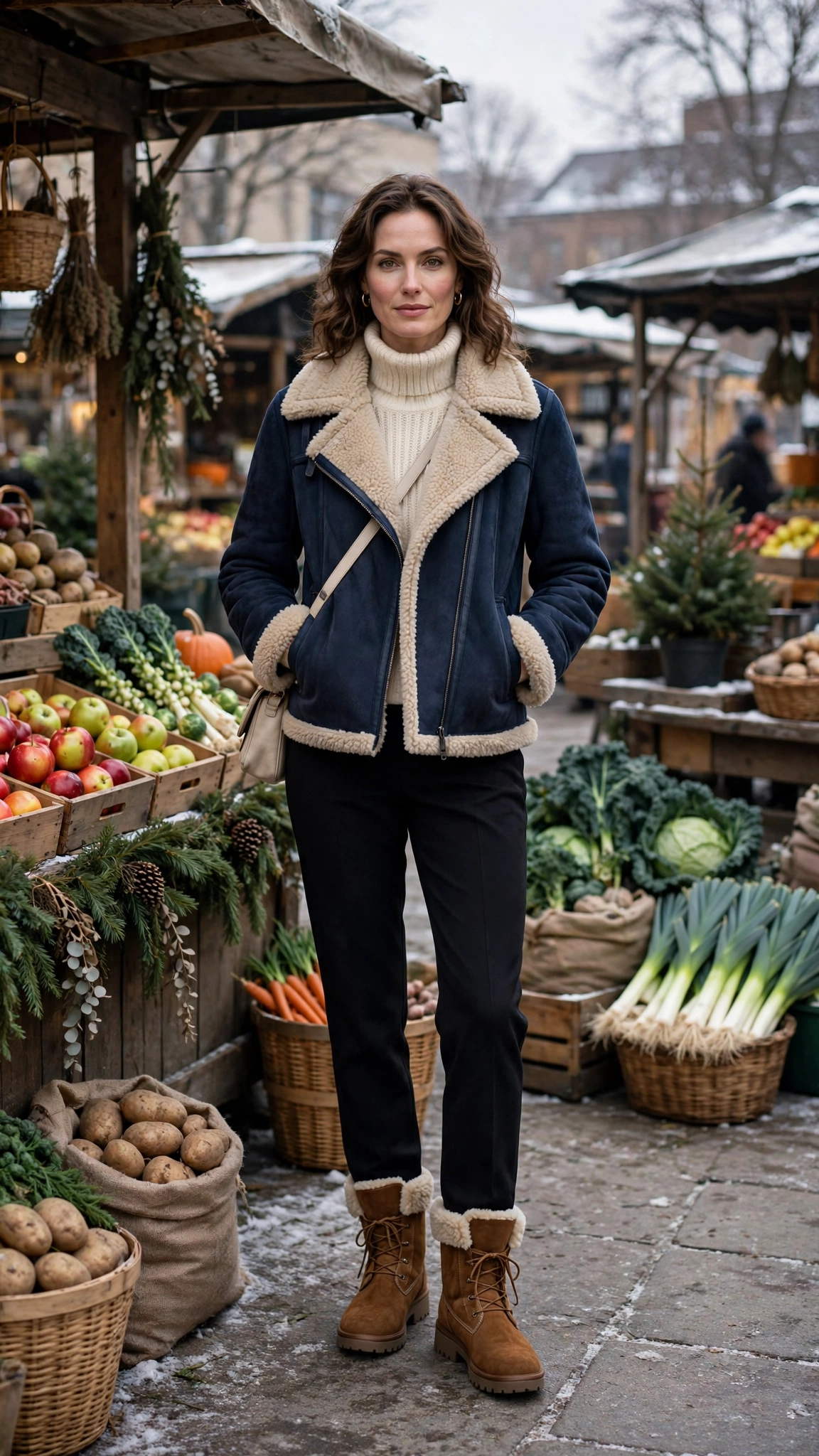 Navy Shearling Lined Jacket with black trousers